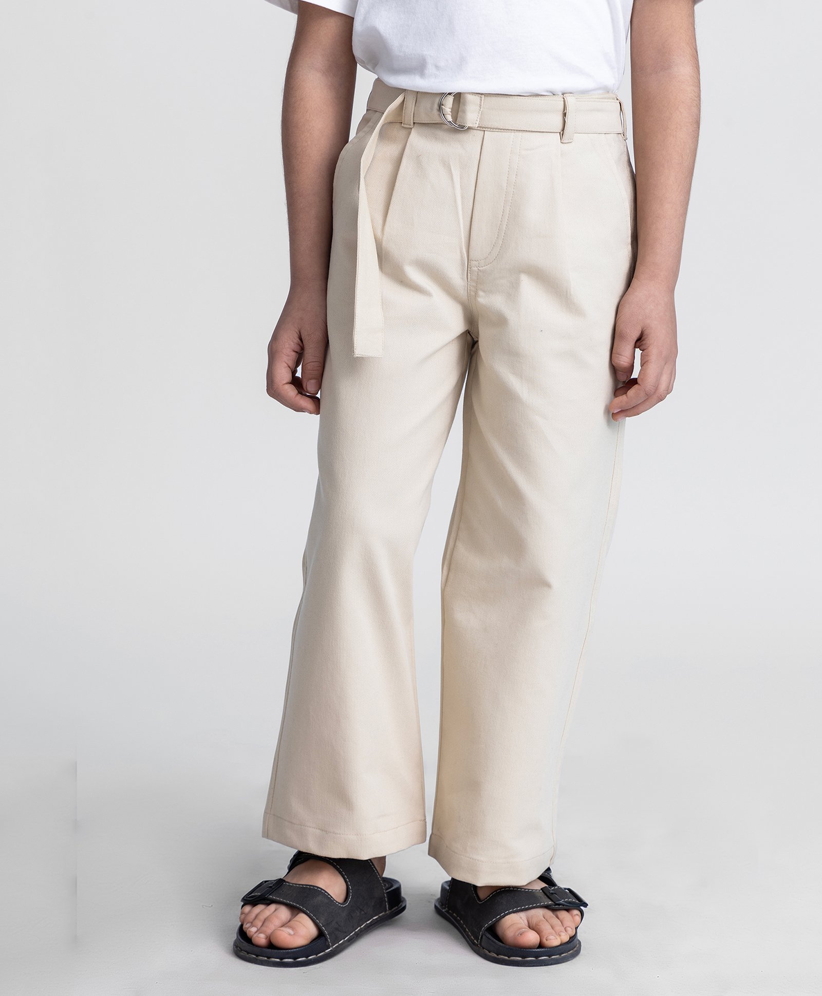 Taffykids Full Length Solid Pant With Belt - Beige-picture-26