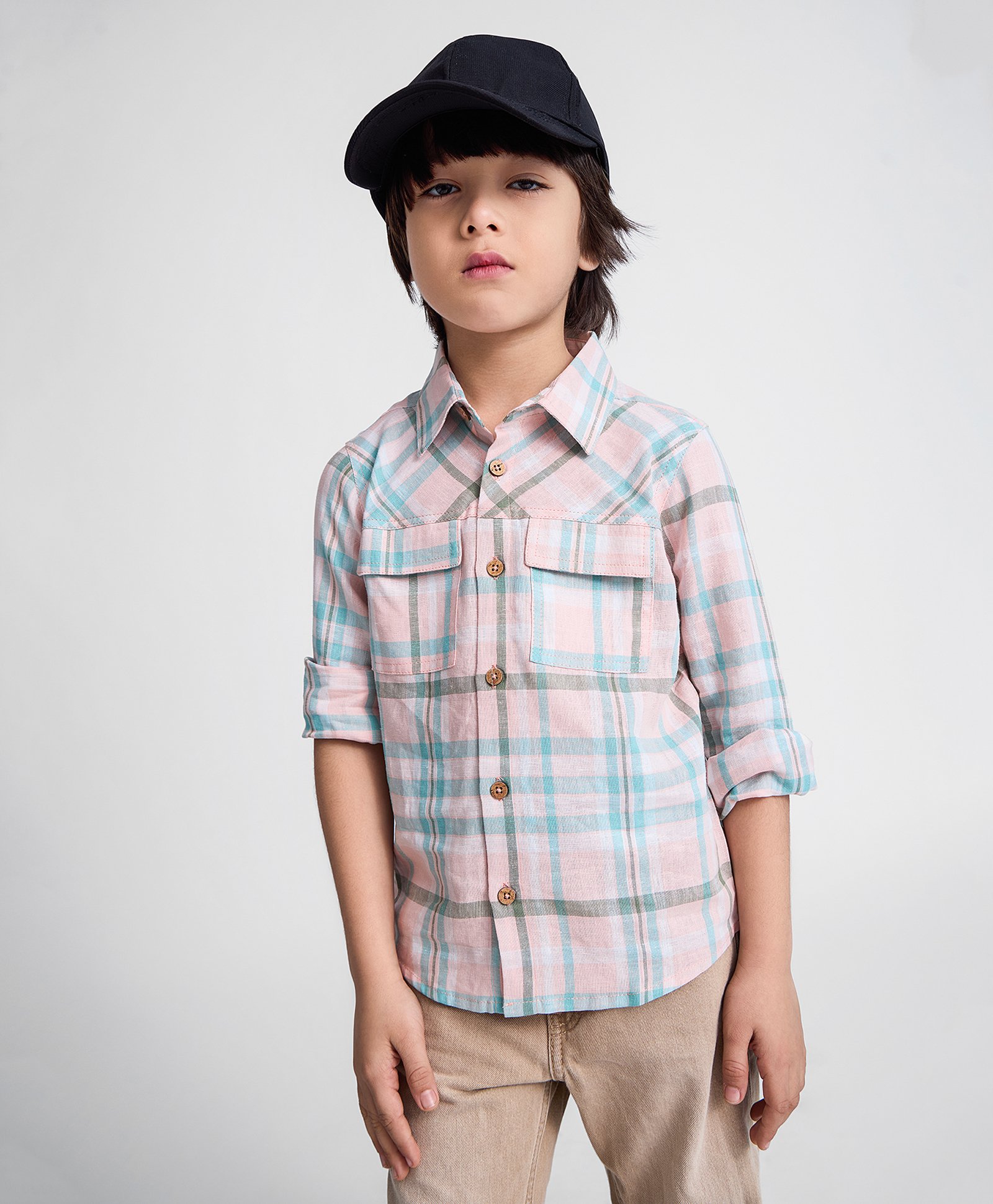 Taffykids Viscose Linen Full Sleeves Pockets Detailed Checked Shirt - Pink & Multi Colour-image-23