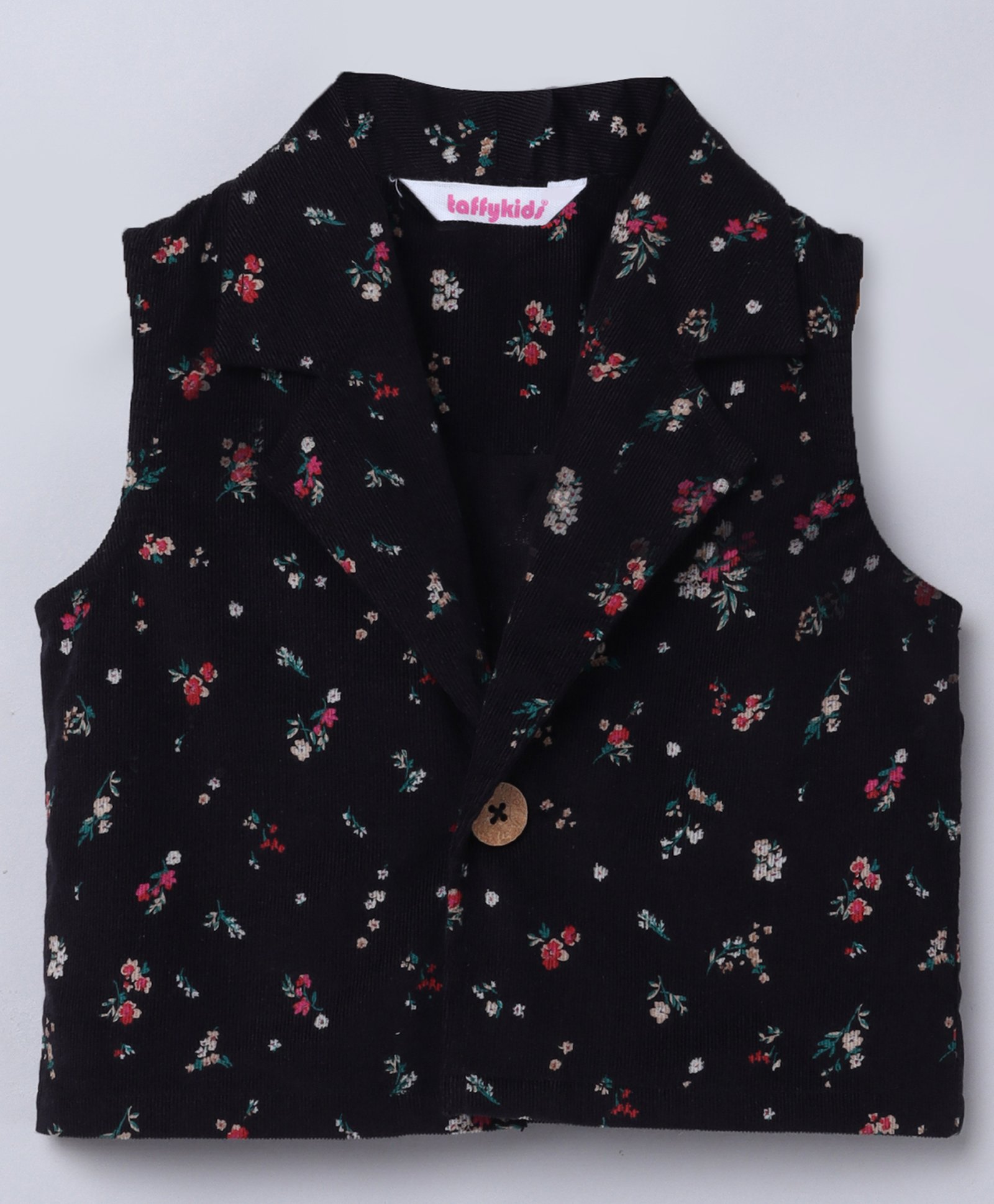 Taffykids Corduroy Sleeveless Floral Printed Cropped Jacket - Black-picture-14