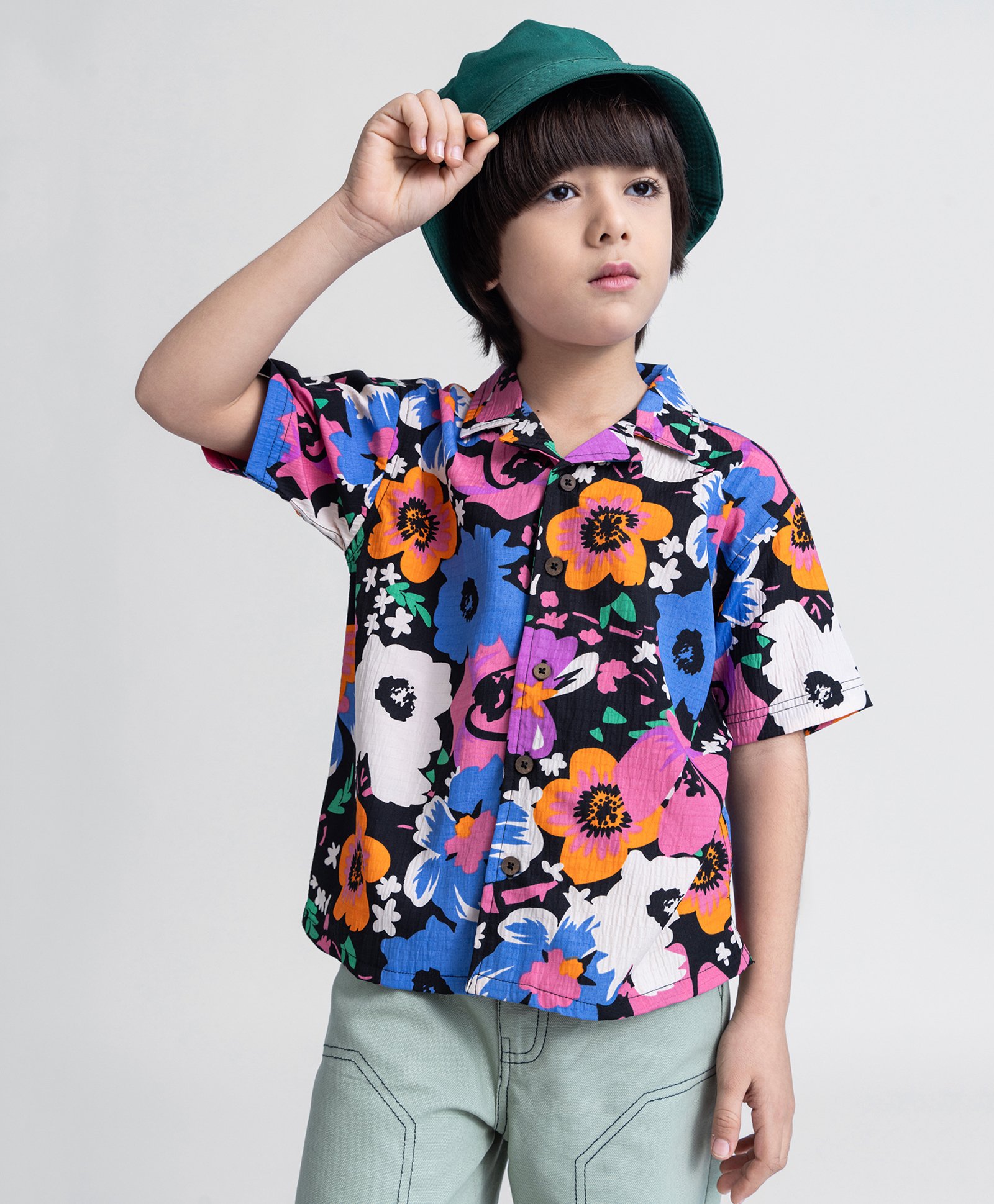Taffykids Half Sleeves Floral Printed Oversized Shirt - Black & Multi Colour-picture-27