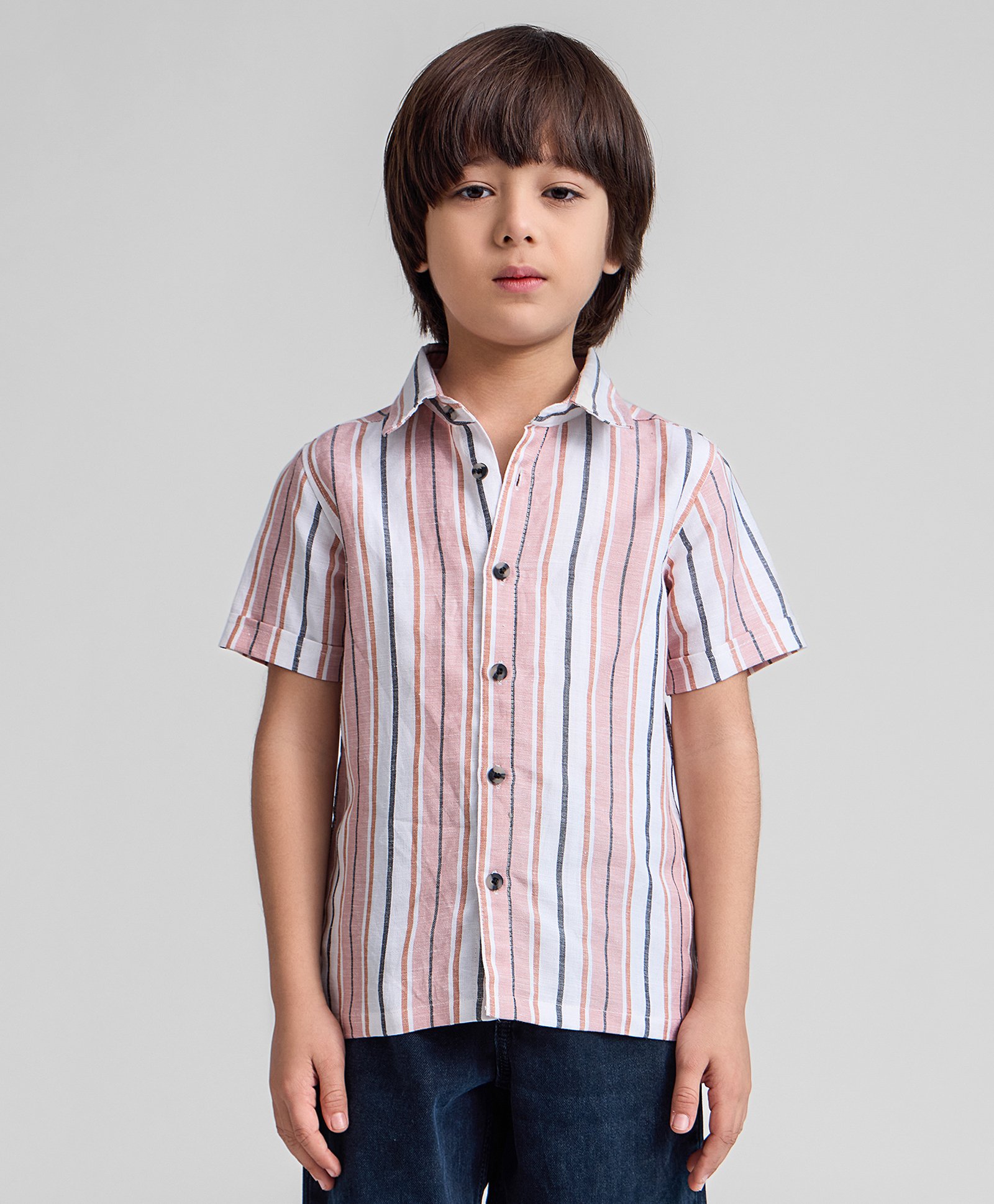 Taffykids Linen Half Roll Up Sleeves Striped Shirt - Multi Colour-picture-15