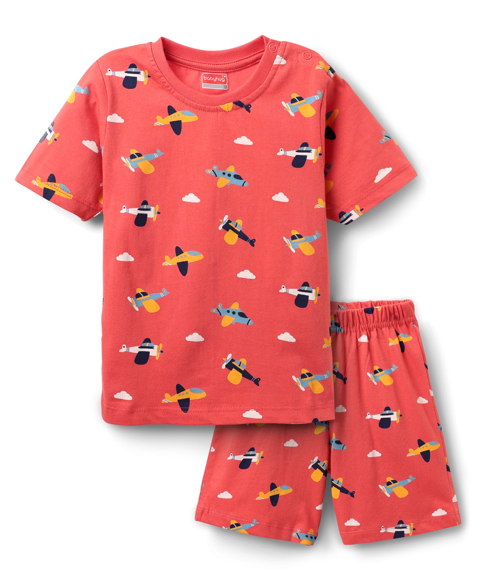 Babyhug Cotton Knit Half Sleeves Co-ords Short Night Suit With Aeroplane Print - Red