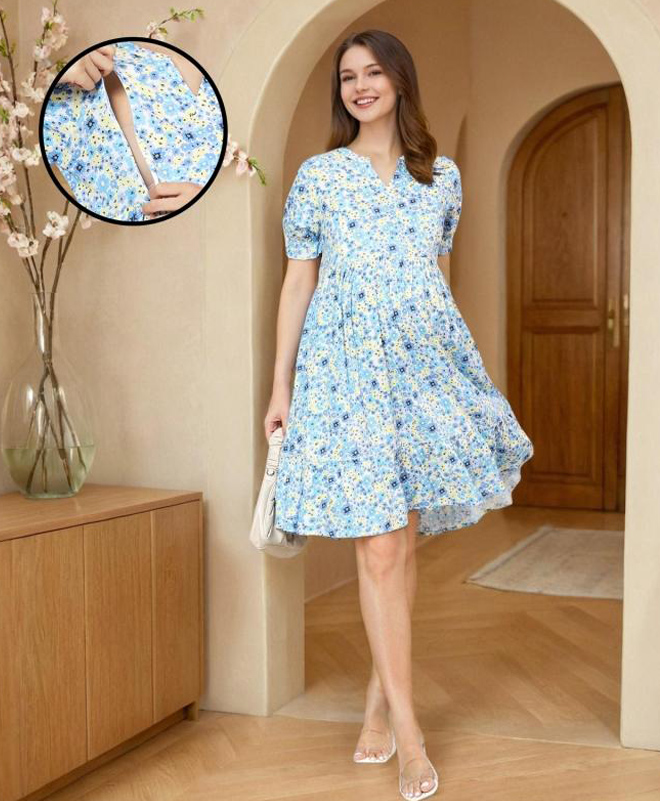 MomToBe Rayon Half Sleeves Floral Printed Maternity Dress With Concealed Zipper Nursing Access - Sky Blue-image-29