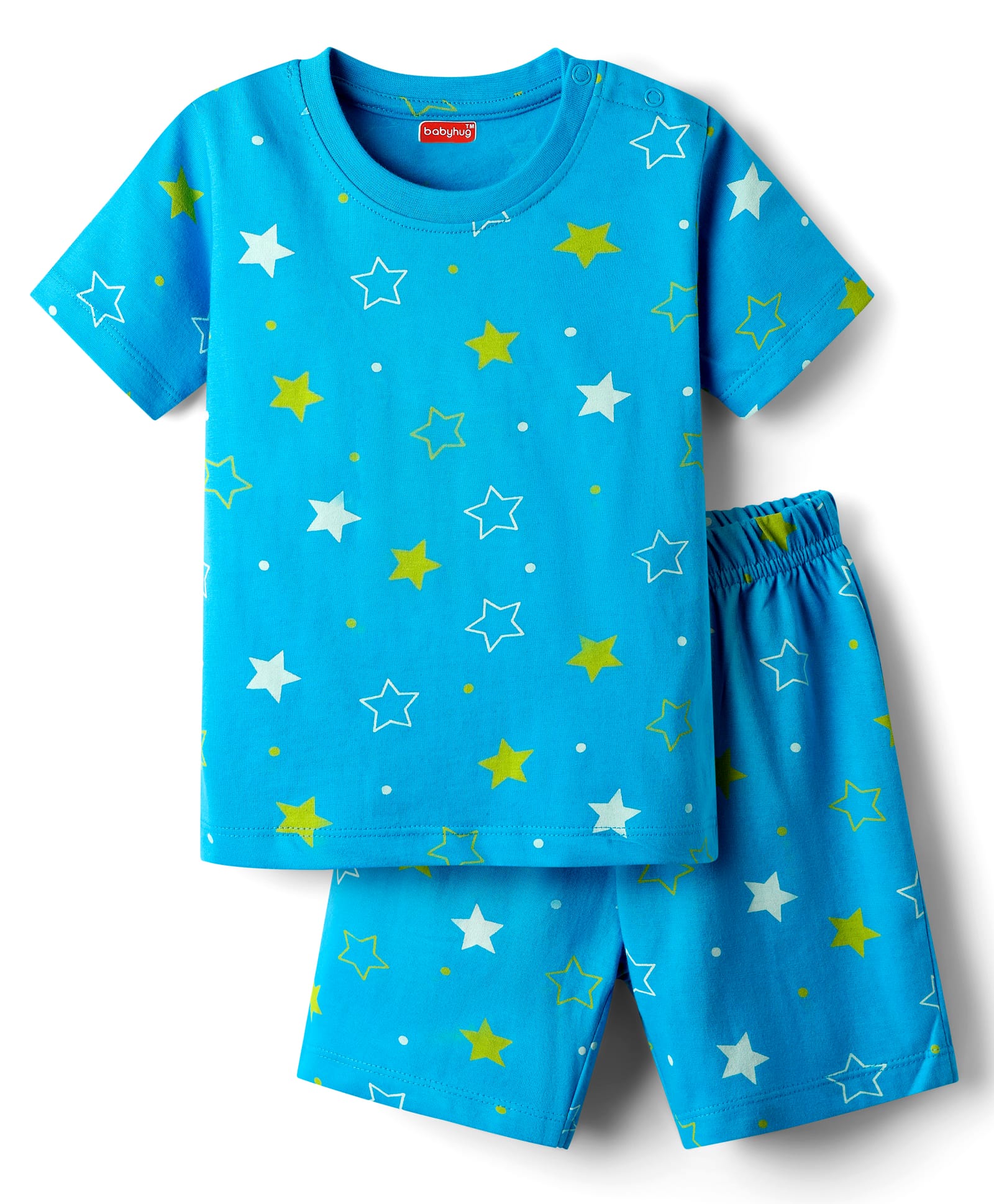 Babyhug Cotton Knit Half Sleeves Short Co-Ord Night Suit with Star Print - Blue-image-17