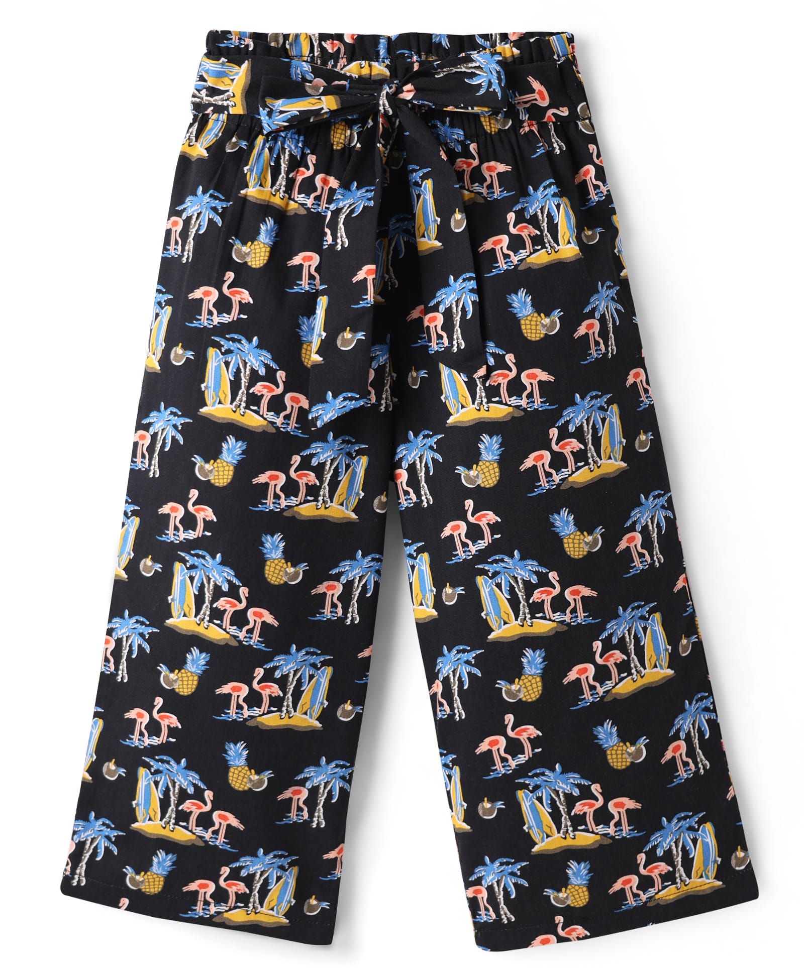 CrayonFlakes Cotton Flamingo & Beach Theme Printed Belted Palazzo - Black-image-36