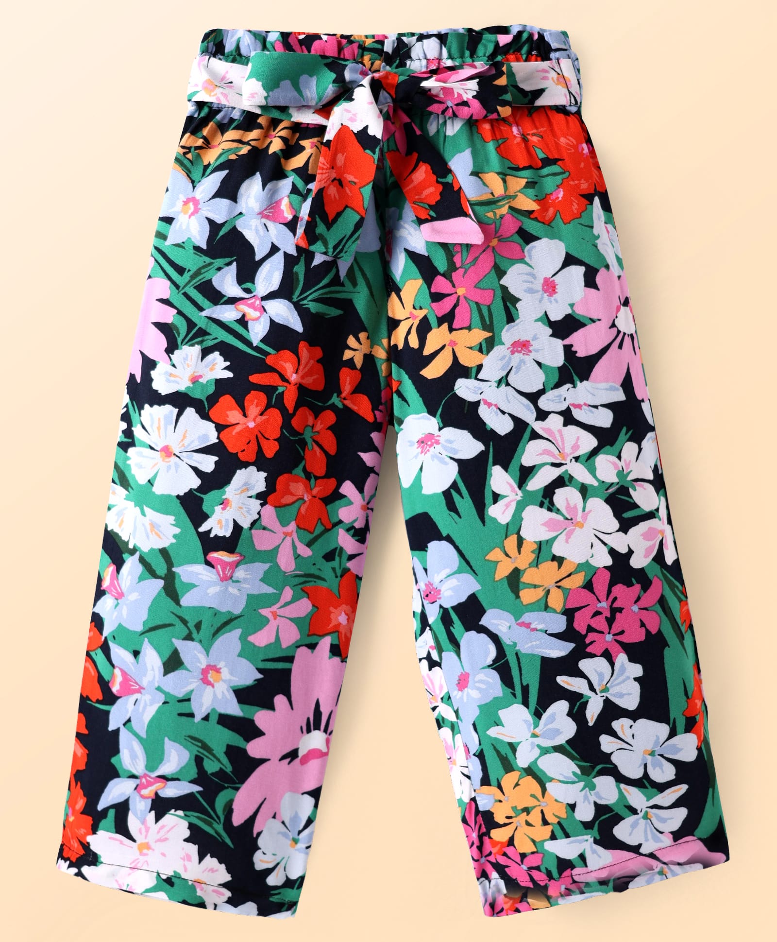 CrayonFlakes Rayon Floral Printed Belted Palazzo - Navy Blue-picture-38