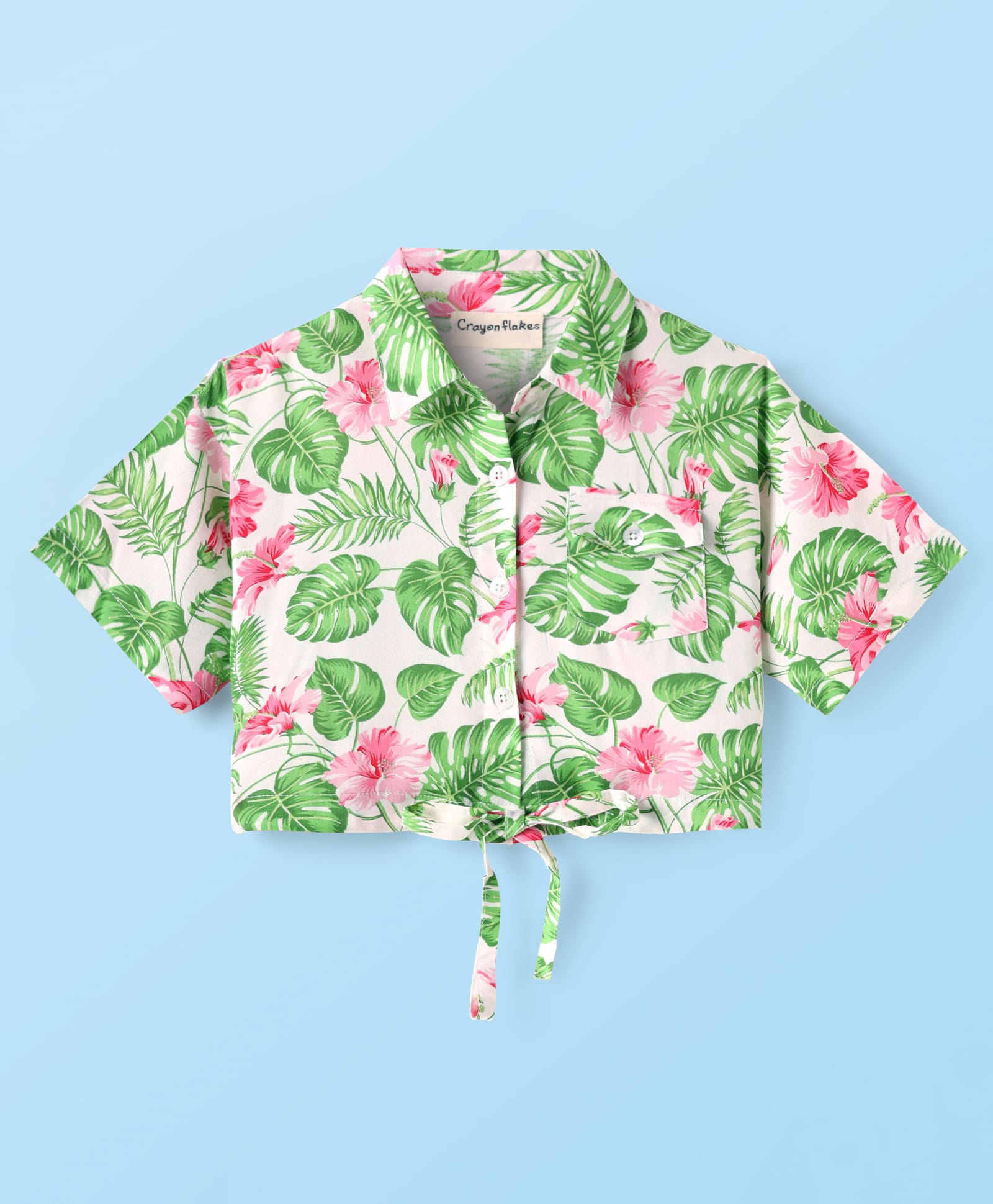 CrayonFlakes Rayon Half Sleeves Floral Printed Shirt Style Crop Top - Off White & Green-picture-5