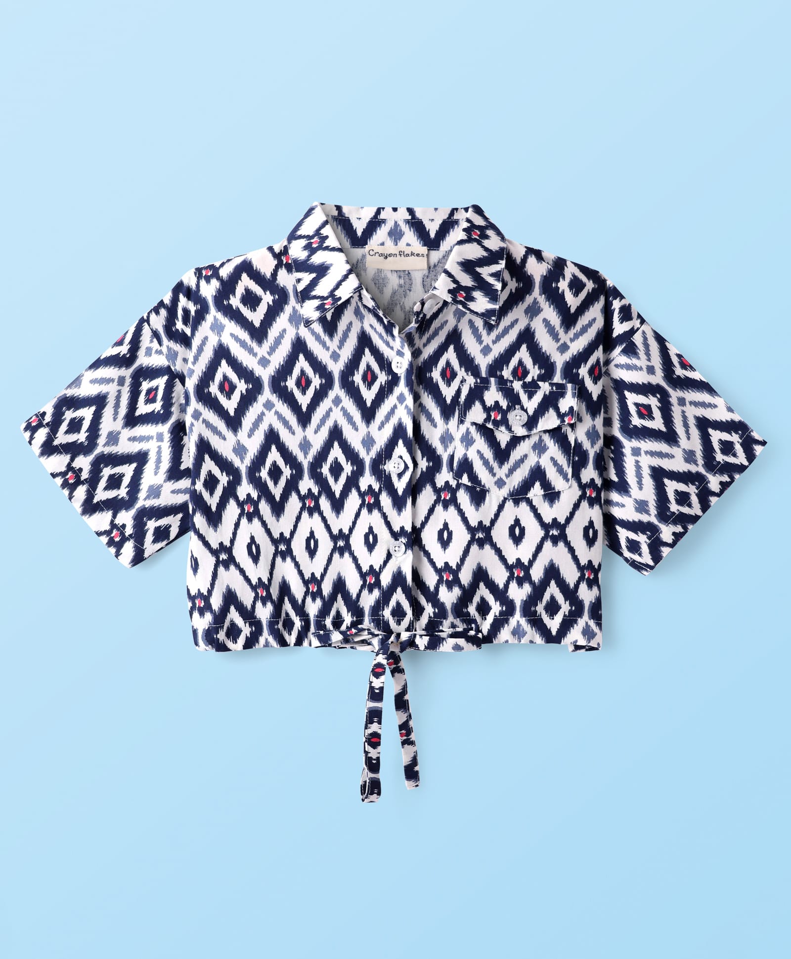CrayonFlakes Rayon Half Sleeves Ikat Printed Shirt Style Crop Top - Off White-picture-5