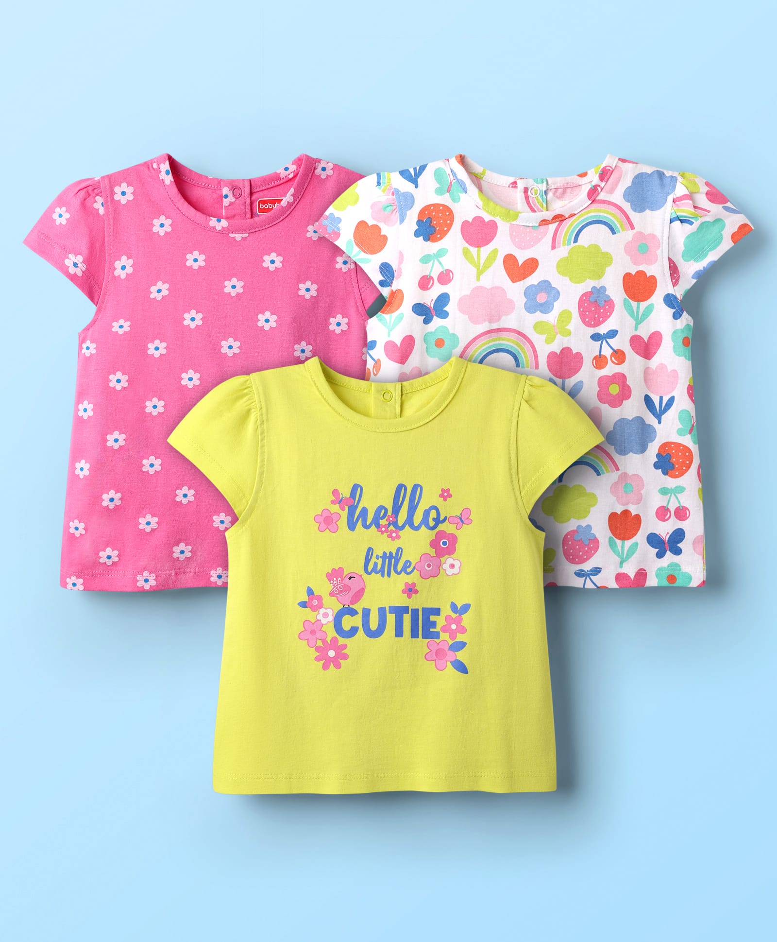 Babyhug Cotton Knit Cap Sleeves T-Shirts with Floral & Text Print Pack of 3 - Pink Light Green & White