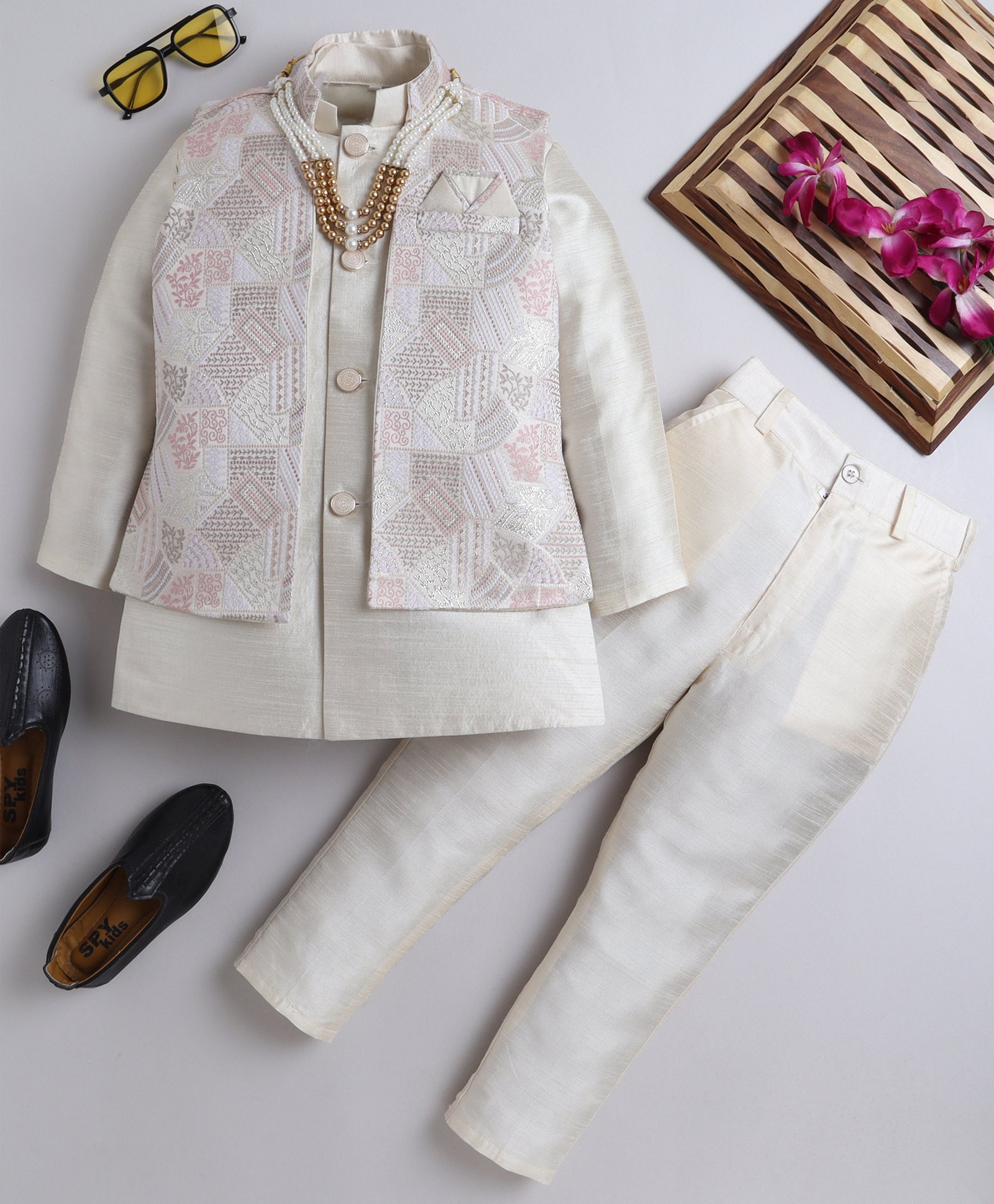 Ahhaaaa Brocade Full Sleeves Solid Kurta Pyjama With Abstract Embroidered Jacket & Maala Set - Cream-image-43