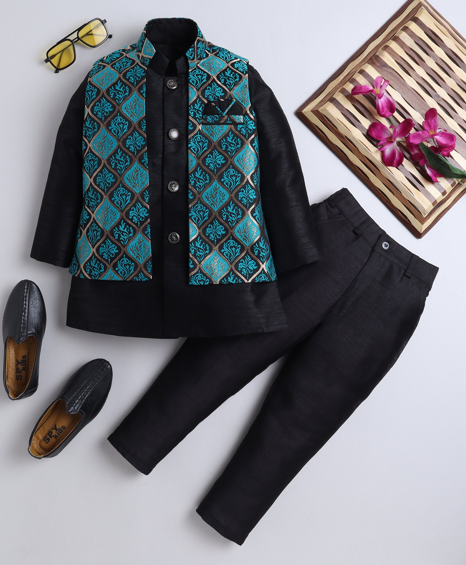 Ahhaaaa Silk Blend Full Sleeves Solid Kurta Pyjama With Abstract Embroidered Sherwani Set - Turquoise-image-44