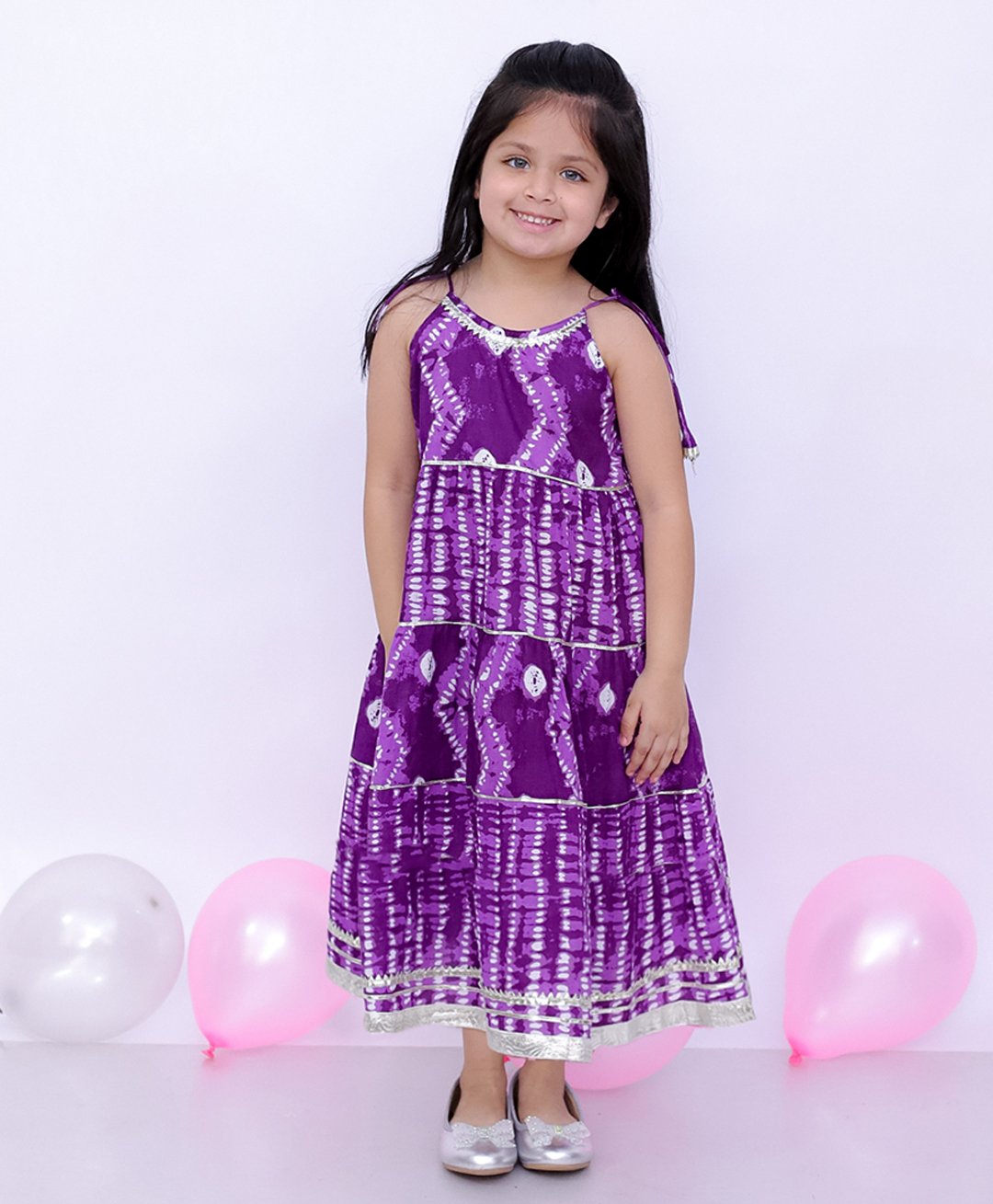BownBee Cotton Sleeveless Tie Dye Gota Lace Embellished Dress - Purple-image-14