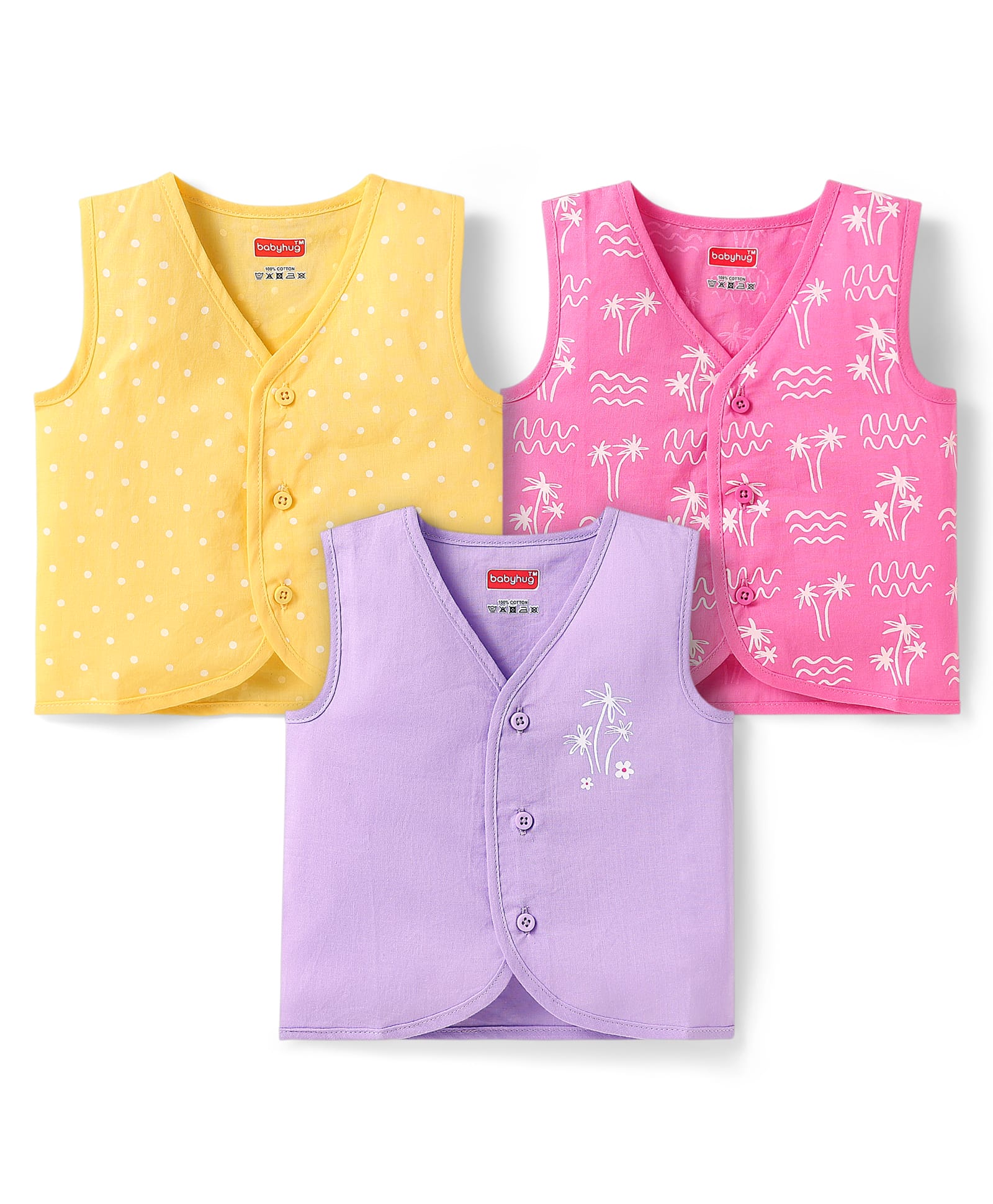 Babyhug Cambric Woven Sleeveless Front Open Jhablas With Polka Dots & Tree Print Pack Of 3 - Purple Pink & Yellow-image-26