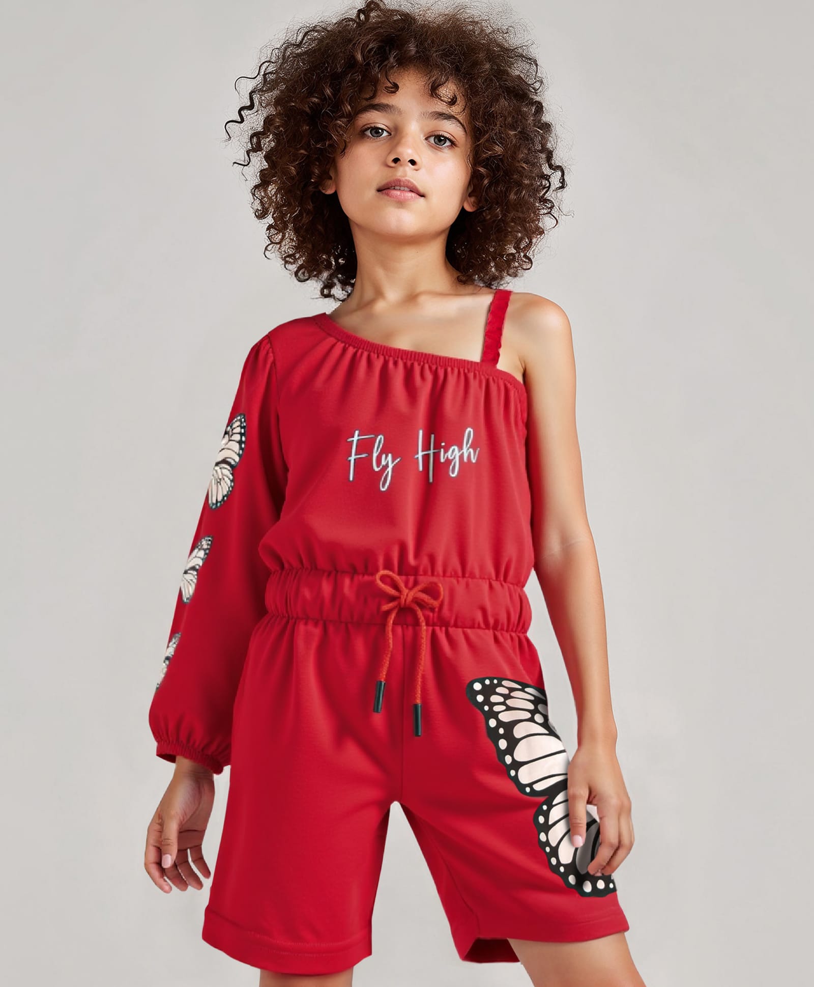 OLLINGTON ST. Cotton Knit One Shoulder Sleeves Short Jumpsuit with Butterfly Print - Red-picture-21