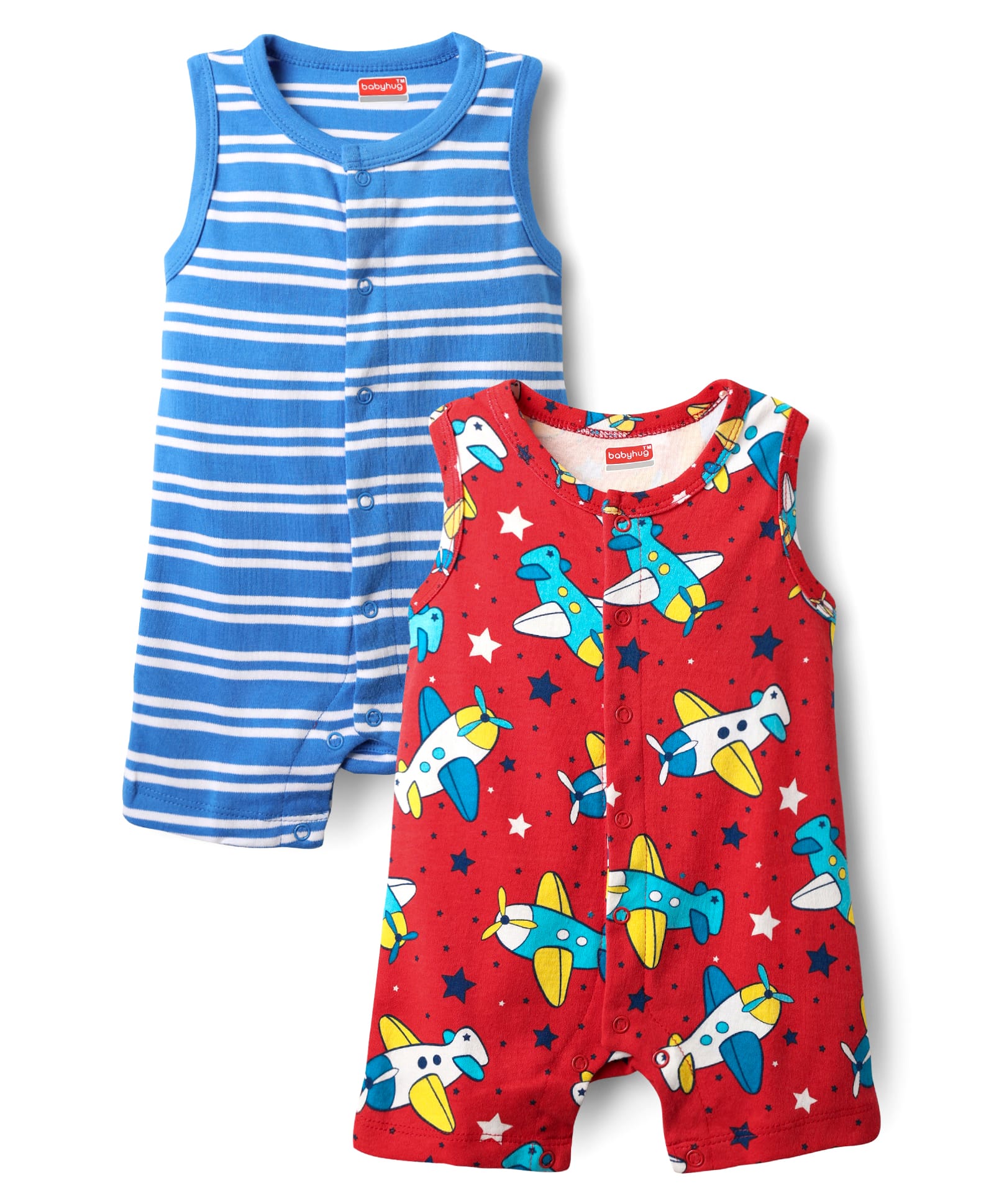 Babyhug 100% Cotton Knit Sleeveless Striped & Airplane Printed Rompers Pack of 2 - Red & Blue-image-24