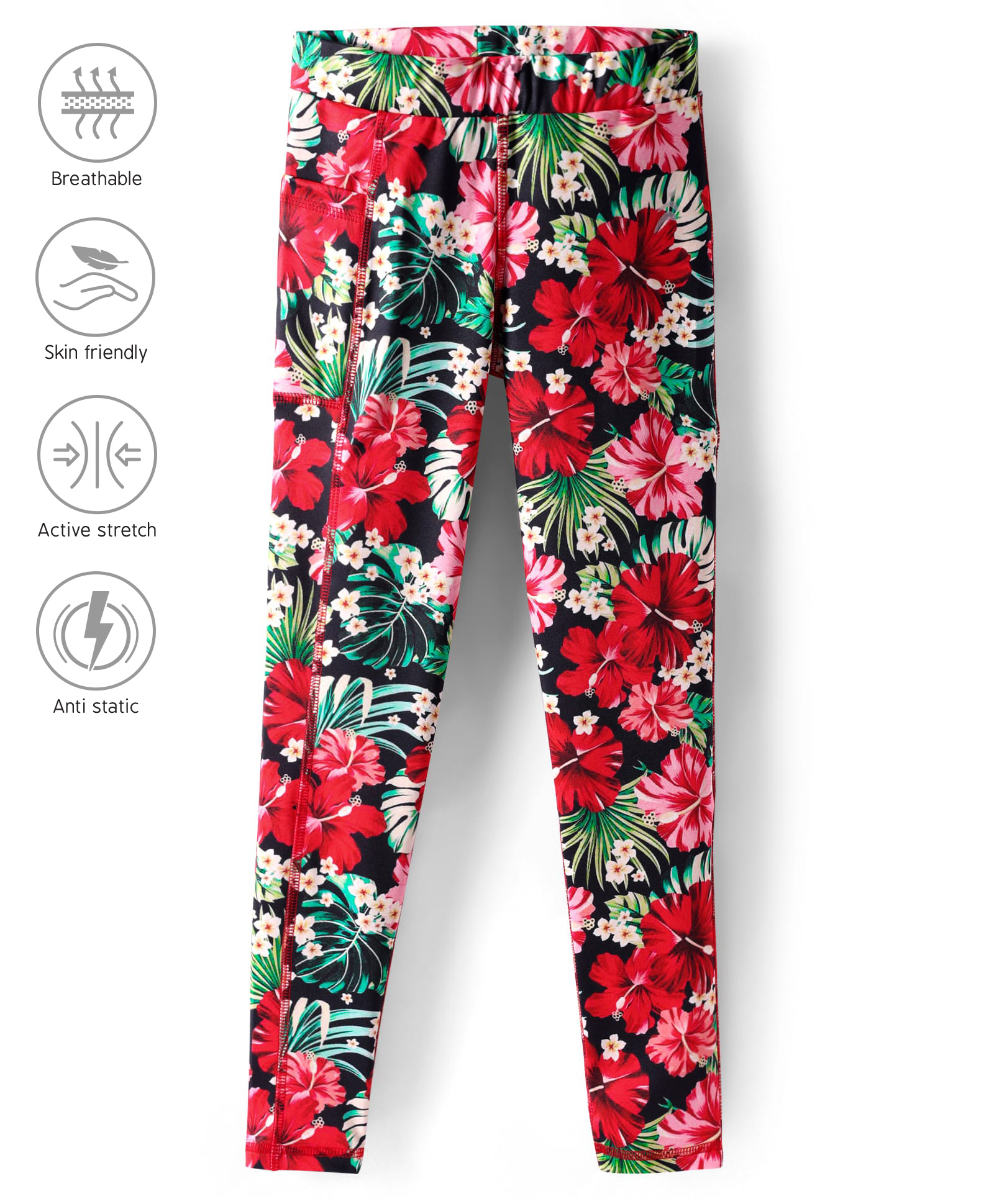 Pine Active Knit Full Length Super Stretch Leggings with Floral Print - Black