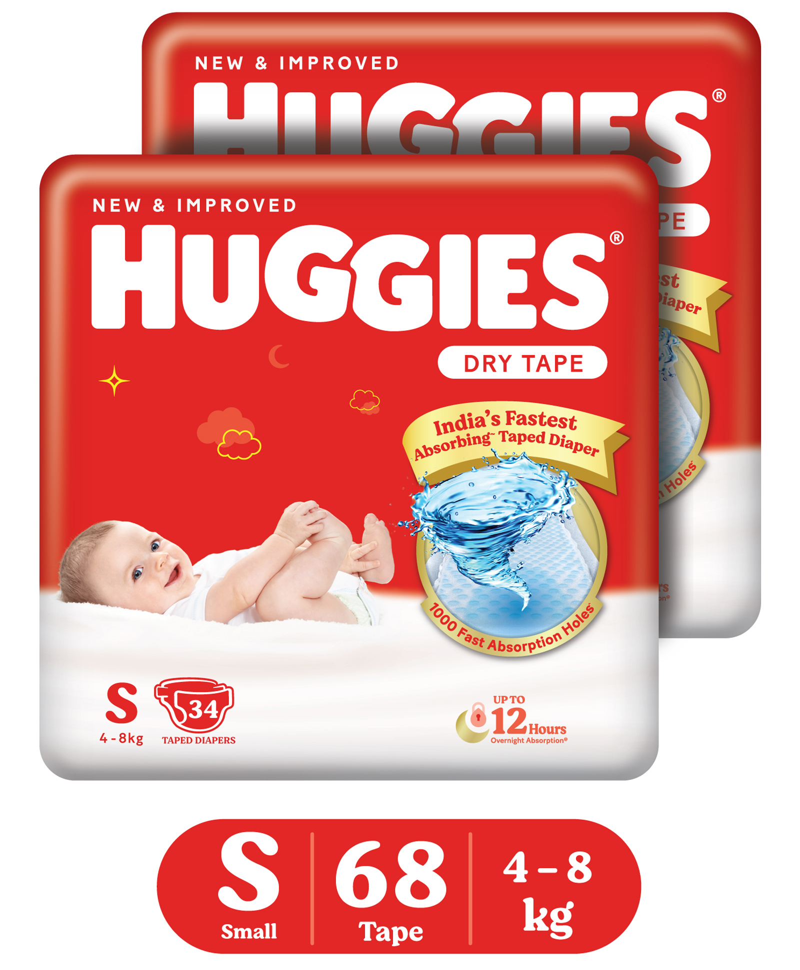 Huggies Adjustable Dry Tape Style Diapers, Small (S) Size (4-8 Kgs), Combo Pack of 68 | Up To 2X Faster Absorption, Up To 12 Hours Overnight Absorption