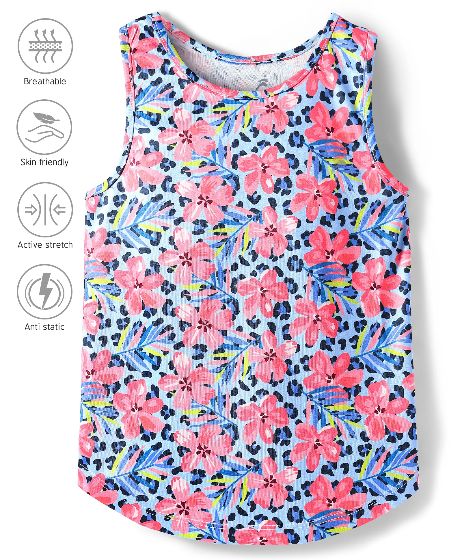 Pine Active Knit Sleeveless Tank T-Shirt with Floral Print - Light Blue