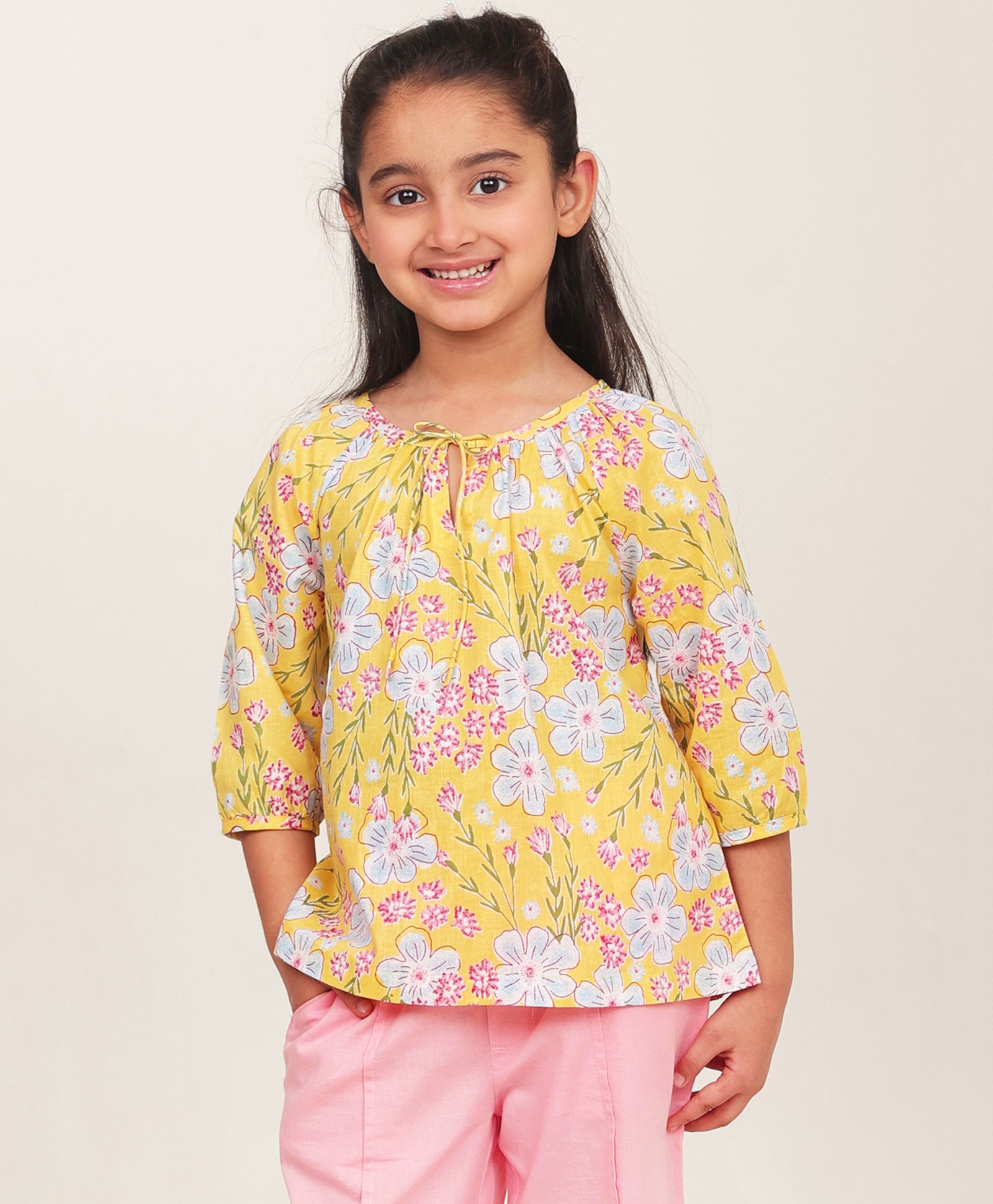 Campana 100% Cotton Three Fourth Sleeves Floral Printed Top - Light Yellow-picture-23