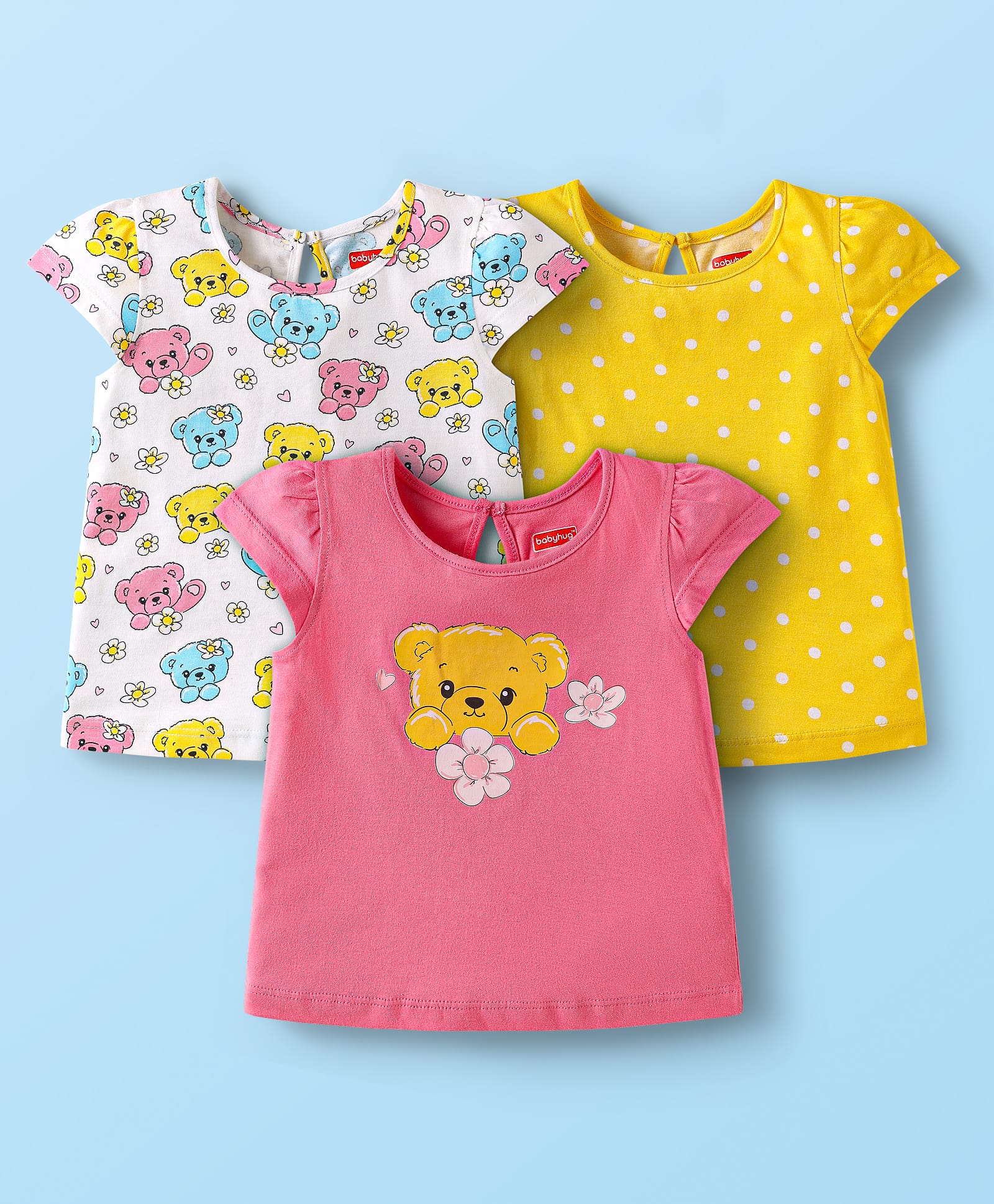 Babyhug Cotton Knit Cap Sleeves T-Shirts with Bear Print Pack of 3 - Pink White & Yellow-picture-14