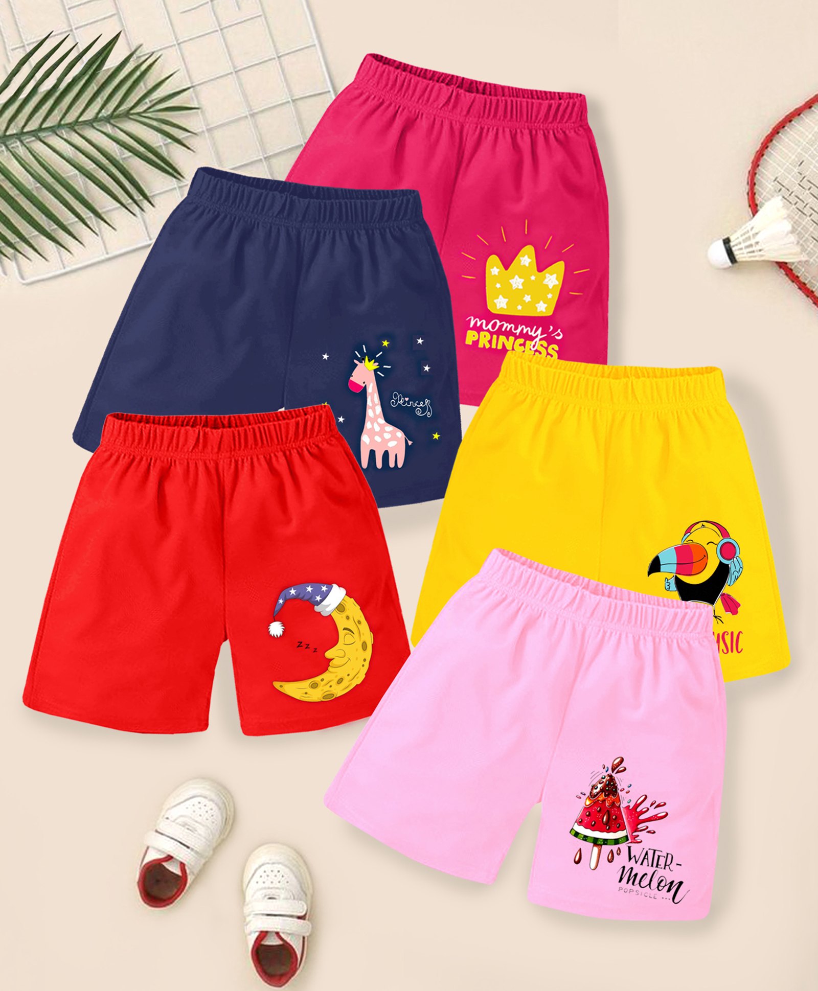 KUCHIPOO Cotton Blend Pack Of 5 Bird & Giraffe Printed Shorts - Yellow, Magenta Red Blue & Pink-picture-18