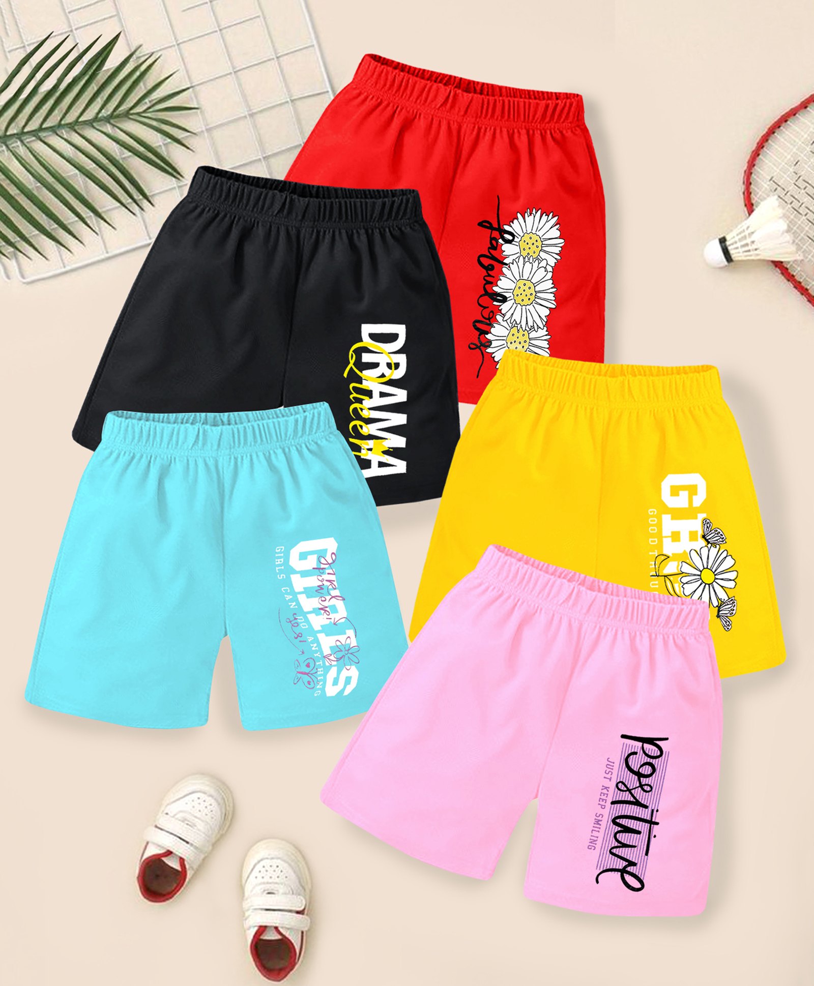 KUCHIPOO Cotton Blend Pack Of 5 Flowers & Positive Text Printed Shorts - Blue Yellow Black Pink & Red-image-27