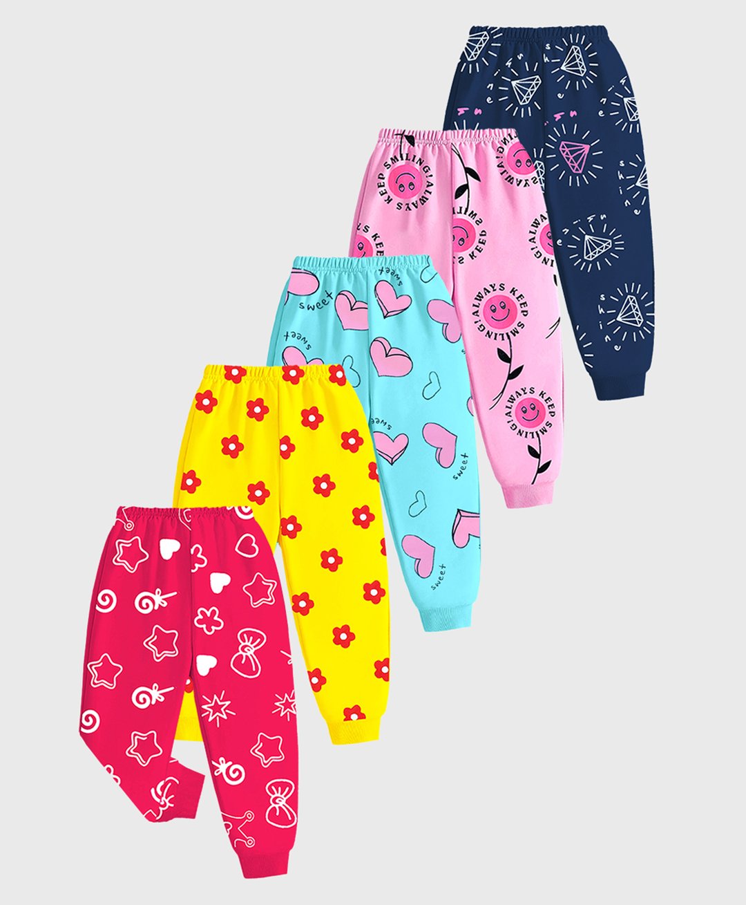 KUCHIPOO Cotton Blend Pack Of 5 Floral & Hearts Printed Pajamas - Pink Yellow Blue & Magenta-picture-15