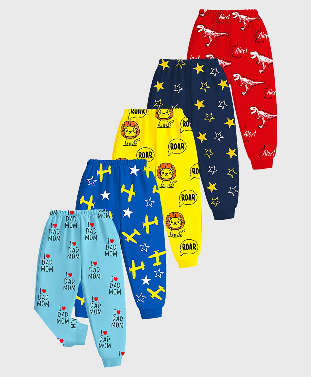 KUCHIPOO Cotton Blend Pack Of 5 Lion & Stars Printed Pajamas - Red Yellow Navy & Sky Blue-image-47