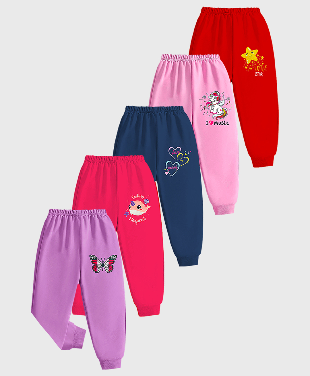 KUCHIPOO Cotton Blend Pack Of 5 Unicorn & Star Printed Pajamas - Pink Red Purple Blue & Magenta-picture-36