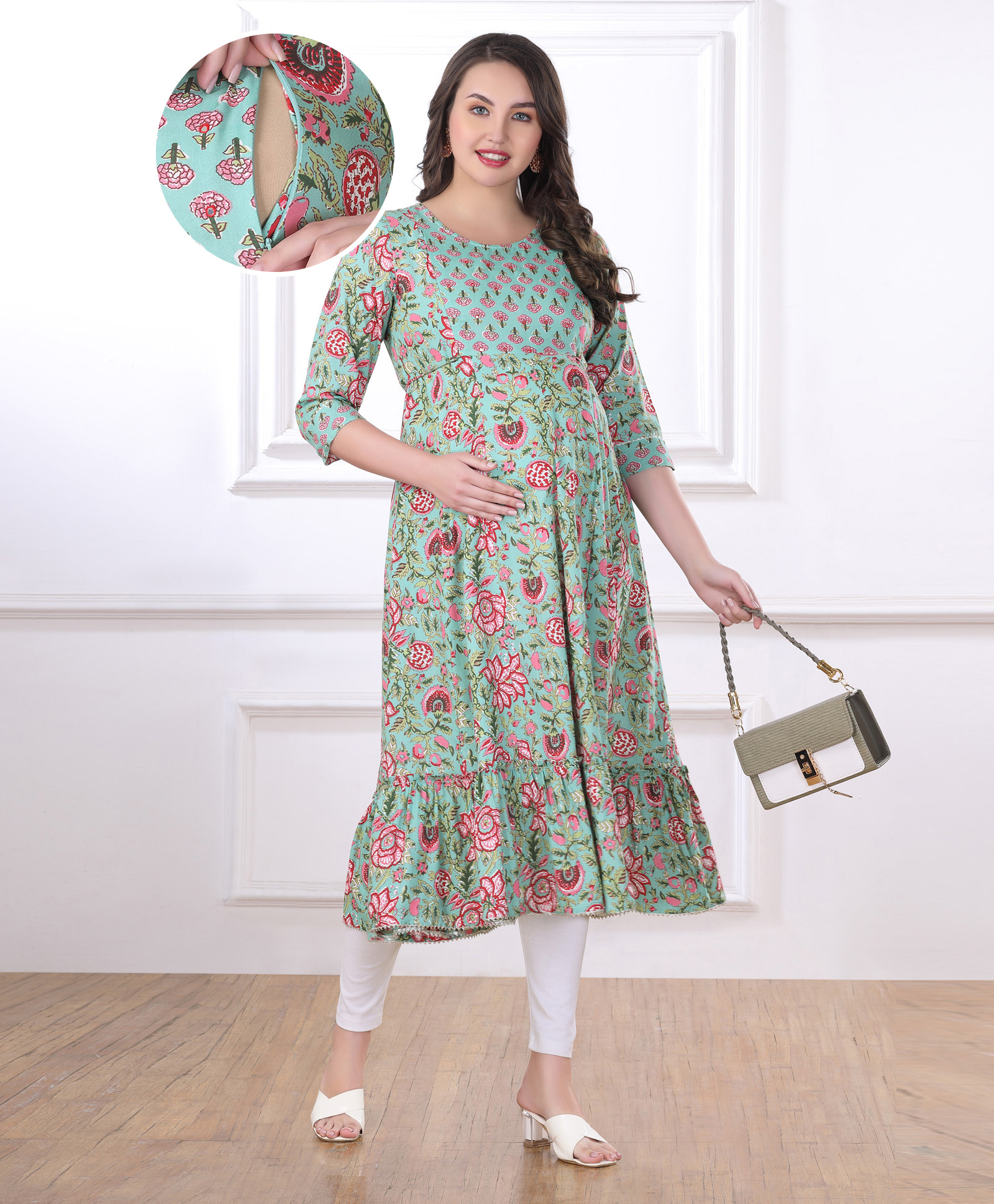 Bella Mama Woven Three Fourth Sleeves Floral Printed Maternity Kurta with Contrast Yoke - Mint Green-image-20