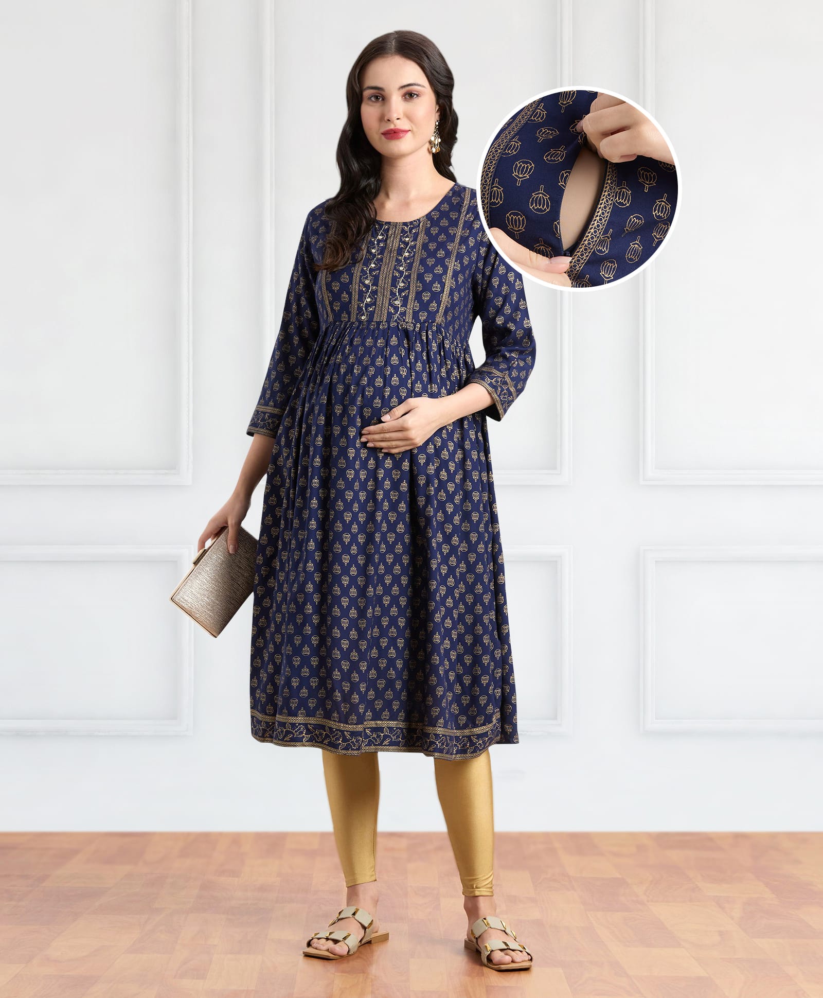 Bella Mama Woven Three Fourth Sleeves Maternity Kurta with Border Yoke & Floral Print - Navy Blue