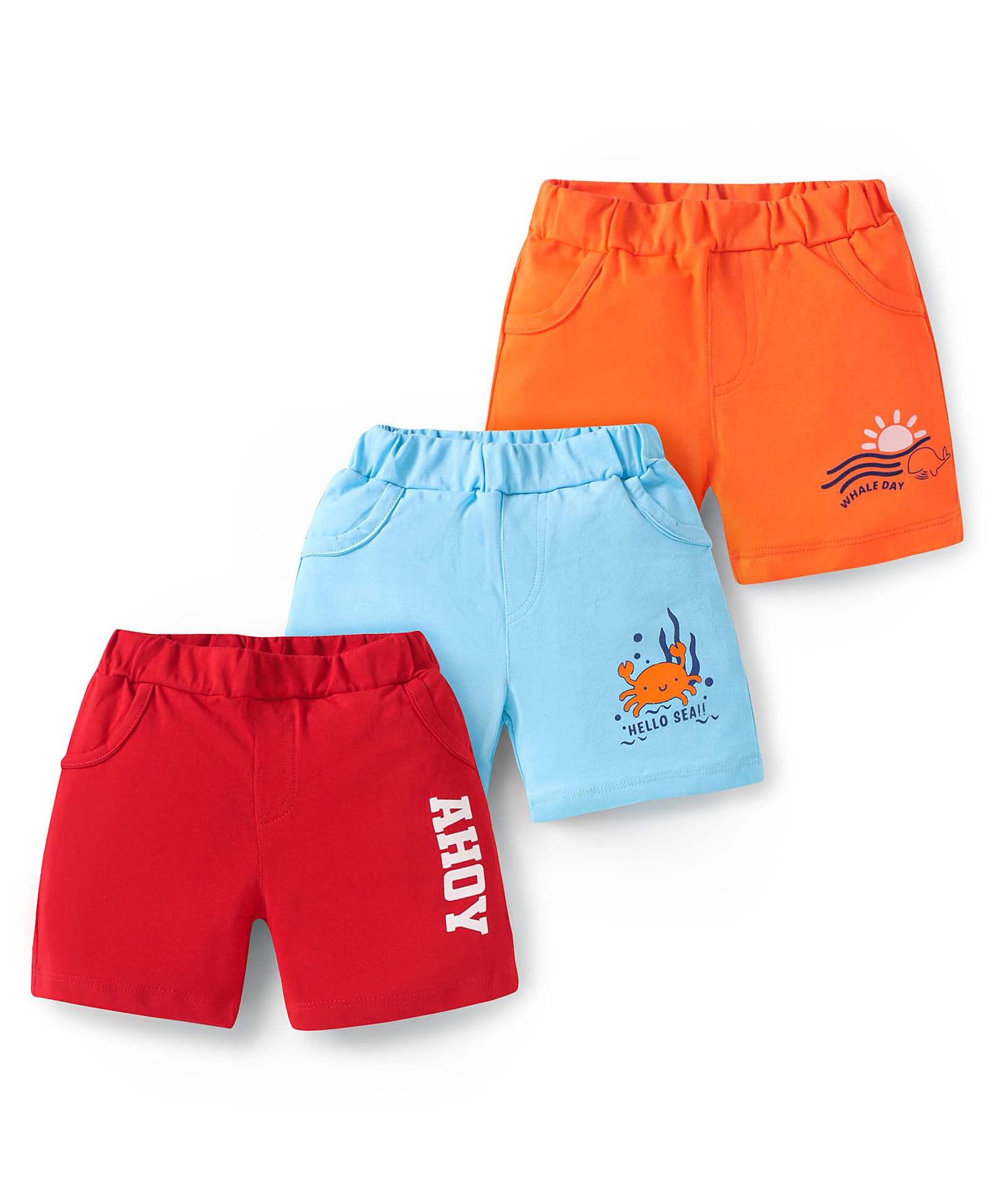 Doodle Poodle 100% Cotton Knit Knee Length Shorts with Sea Life Theme Print Pack of 3 -Orange Blue & Red