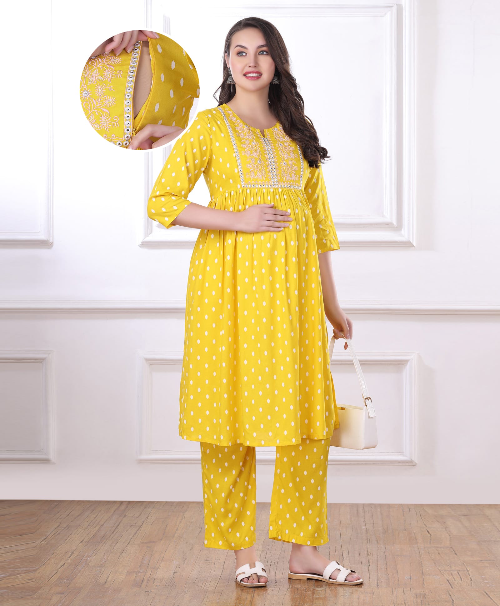 Bella Mama Woven Three Fourth Sleeves With Embroidered Yoke Maternity Suit Set - Yellow
