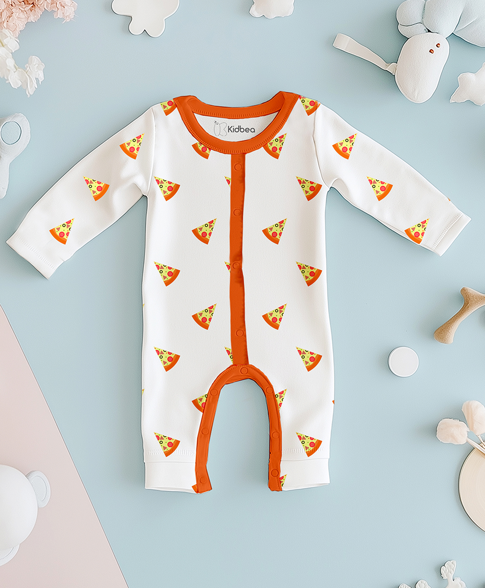 Kidbea 100% Organic Cotton Full Sleeves Pizza Printed Romper - Orange-image-29
