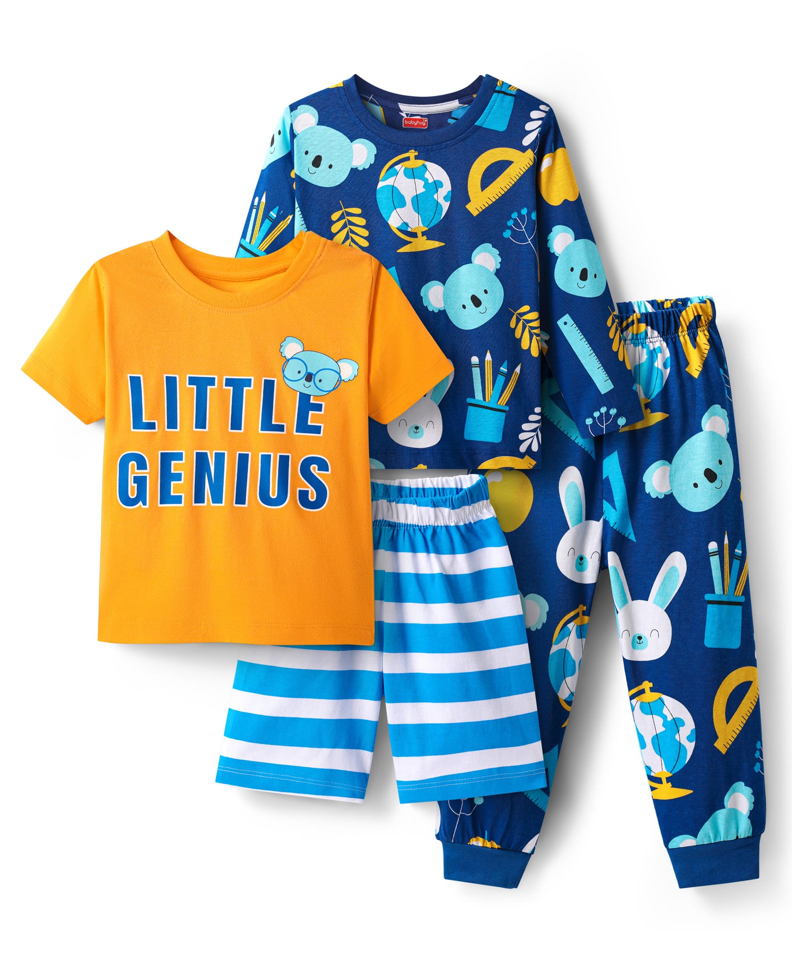 Babyhug Cotton Knit Striped Half & Full Night Sleeves Night Suits with Animal Print - Navy Blue & Orange