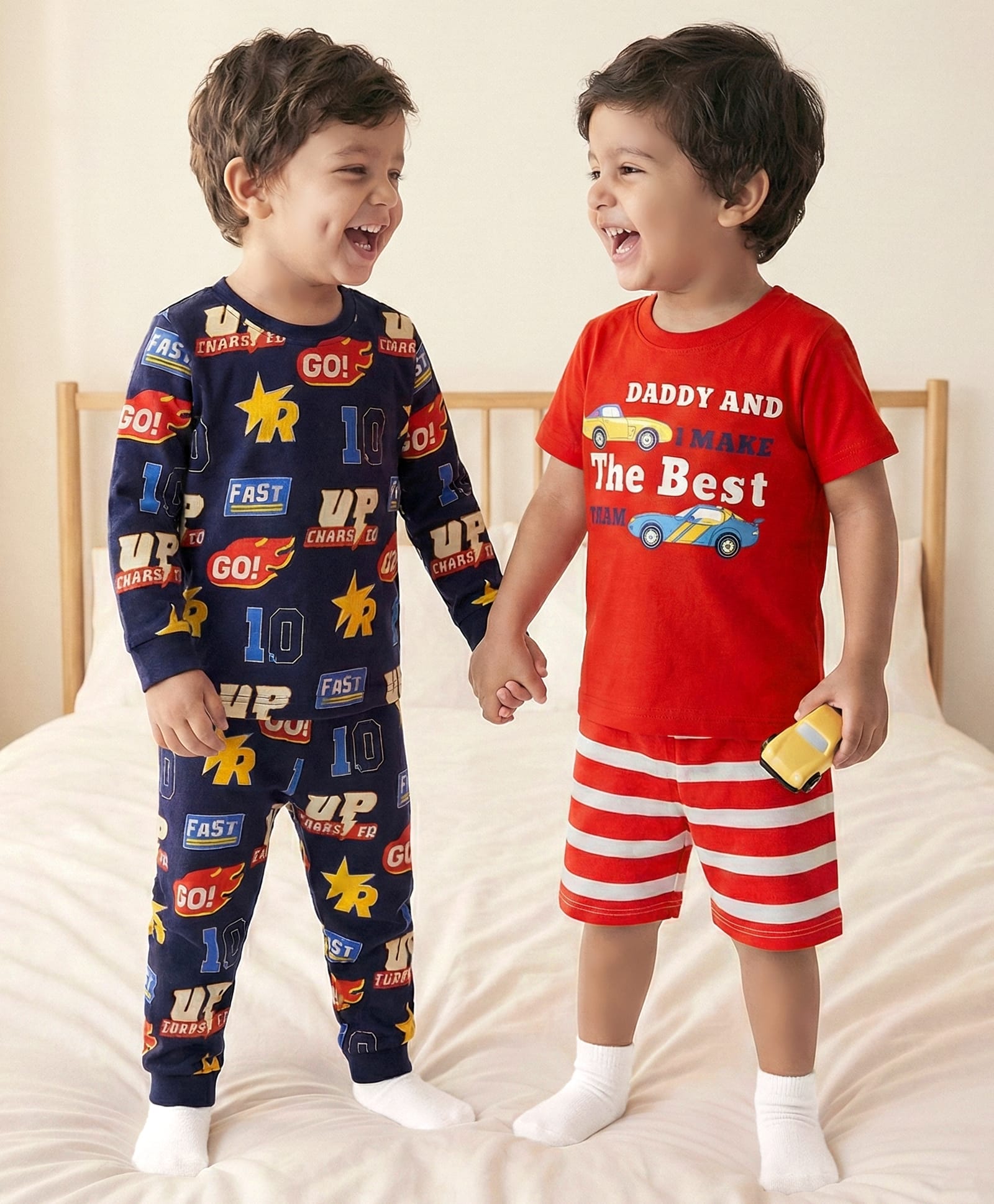 Babyhug Cotton Knit Full & Half Sleeves Night Suit With Stripes & Sport Theme Print Set Of 2 - Navy Blue & Red