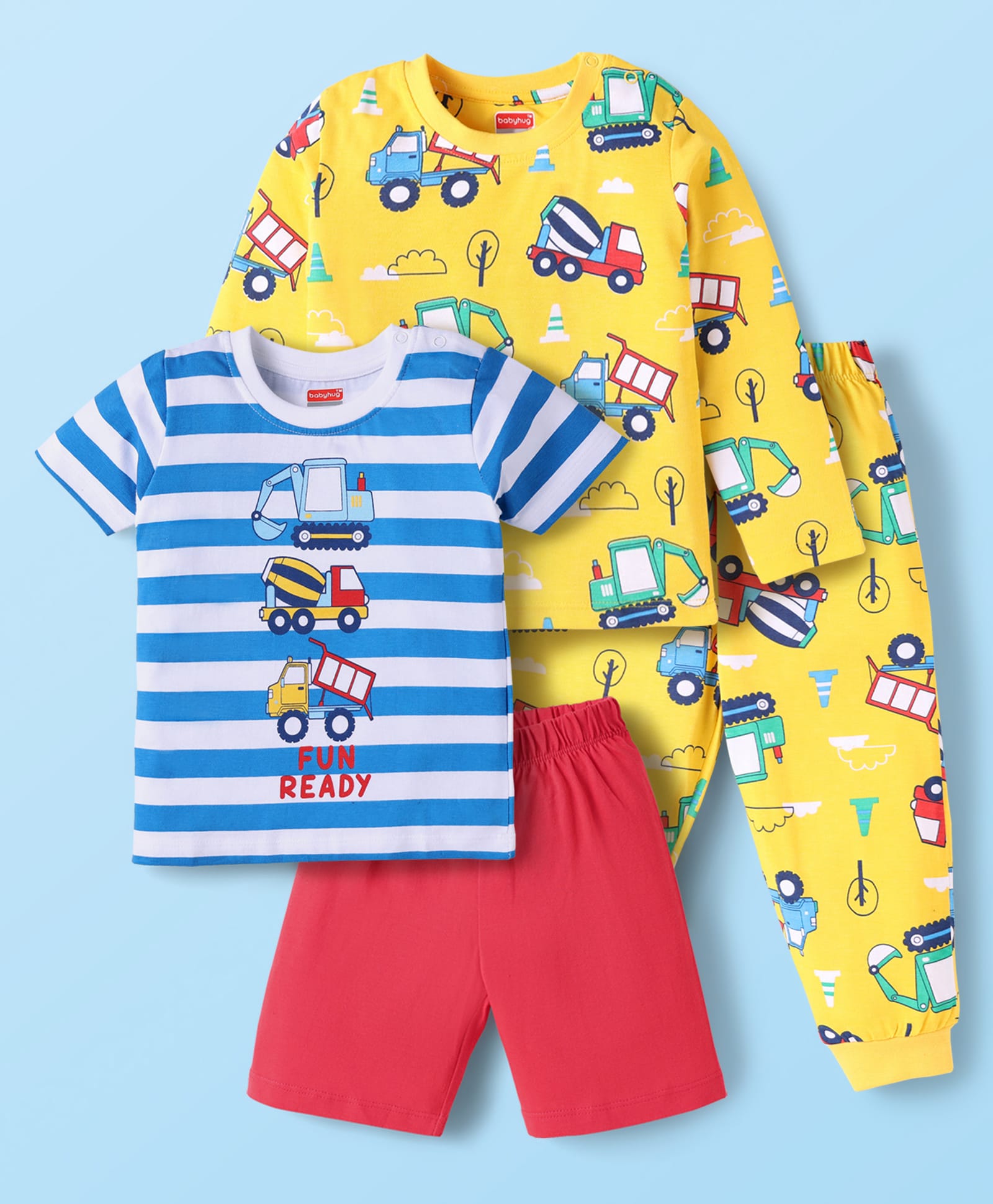 Babyhug Cotton Knit Half & Full Sleeves Night Suits with Vehicle Print & Stripes - Yellow White & Red-image-43