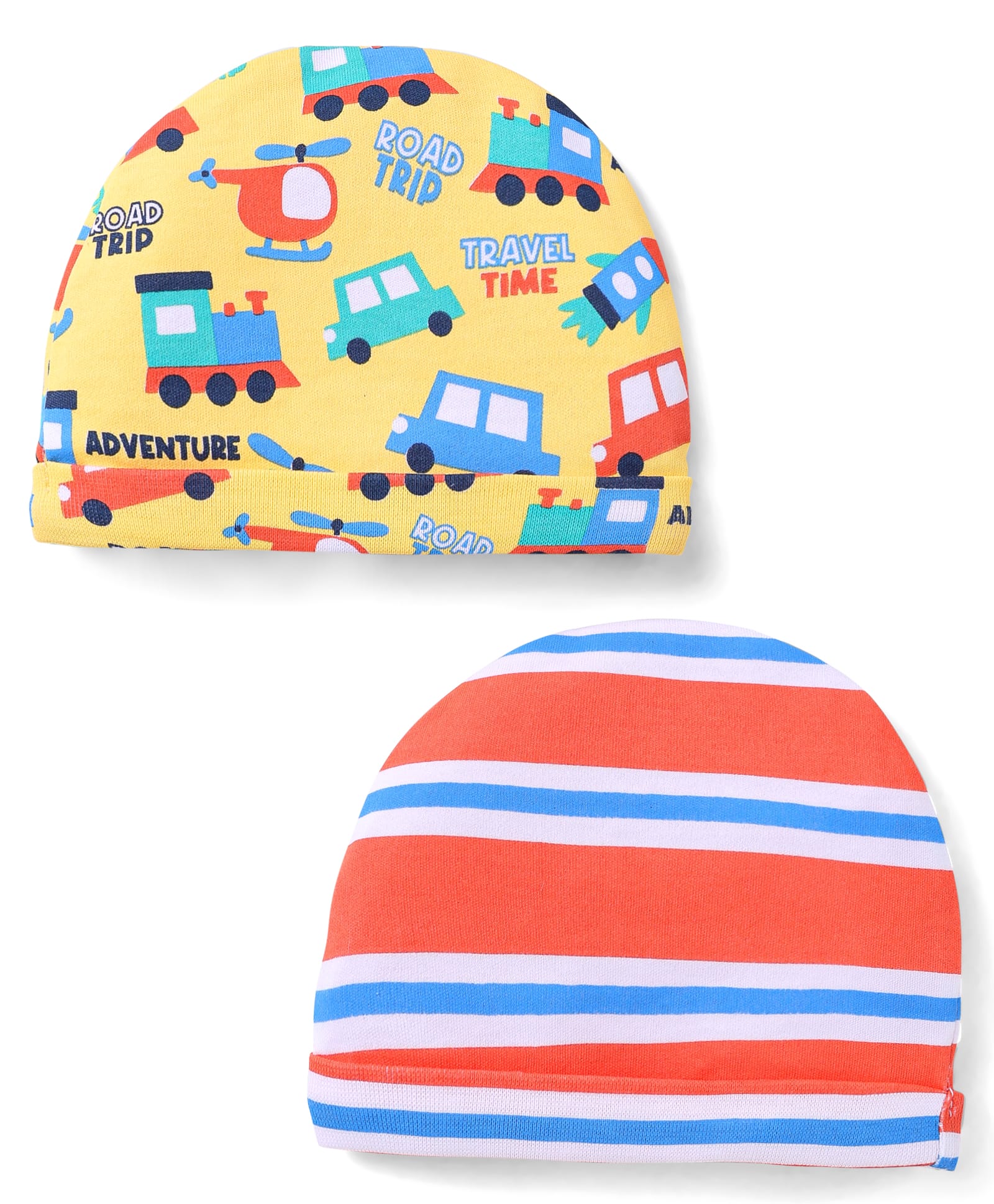 Babyhug 100% Cotton Interlock Knit Caps With Striped & Road Trip Print Pack Of 2 - Yellow & Red-picture-13