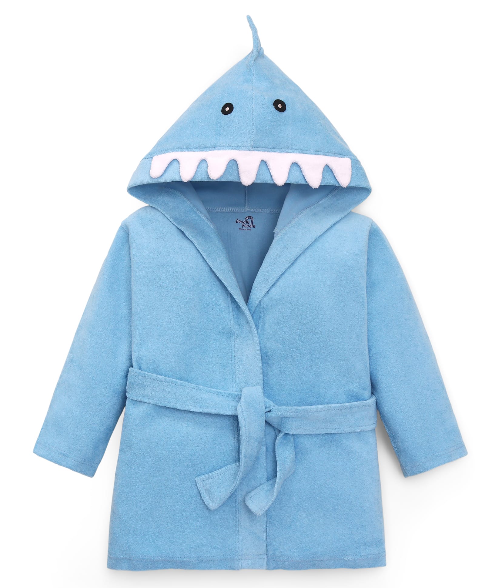 Doodle Poodle Highly Absorbant Terry Knit Full Sleeves HoodedBath Robe with Shark Applique - Light Blue-picture-3