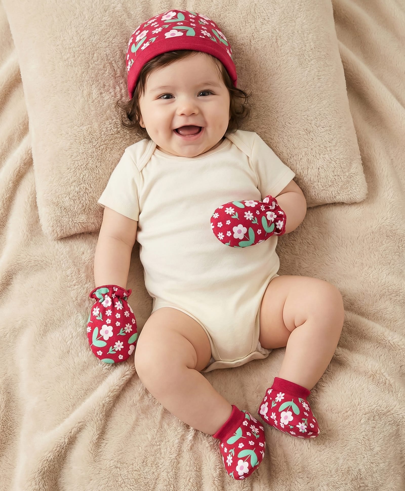 Babyhug 100% Cotton Cap Mittens And Booties Floral Printed Maroon - Diameter 12 cm-image-45