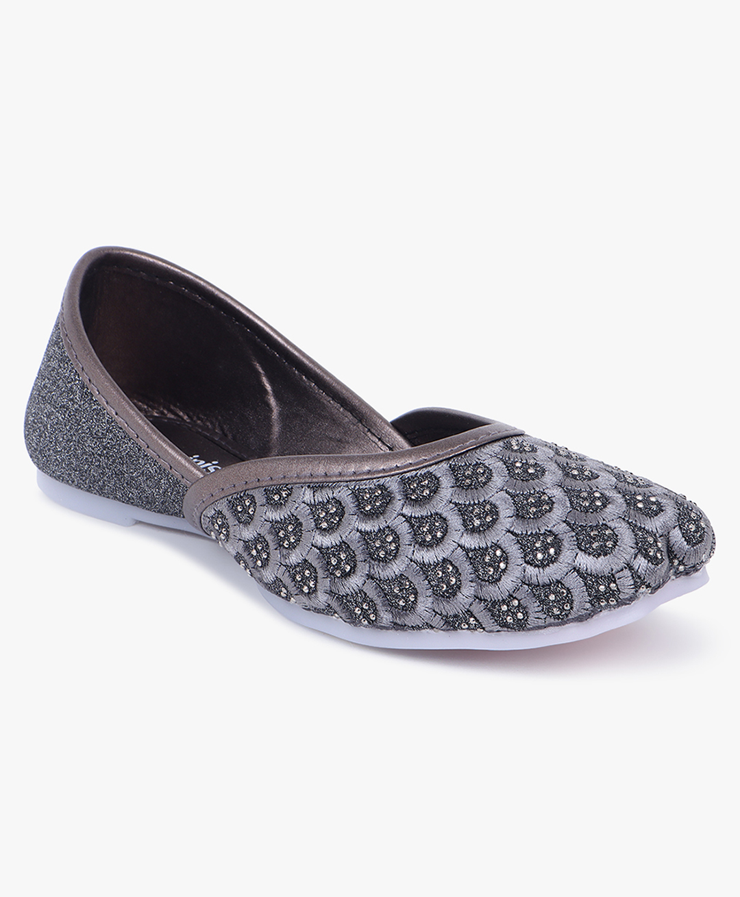 Superminis Threadwork Embroidered & Stones Embellished Slip On Mojaris - Grey-image-5