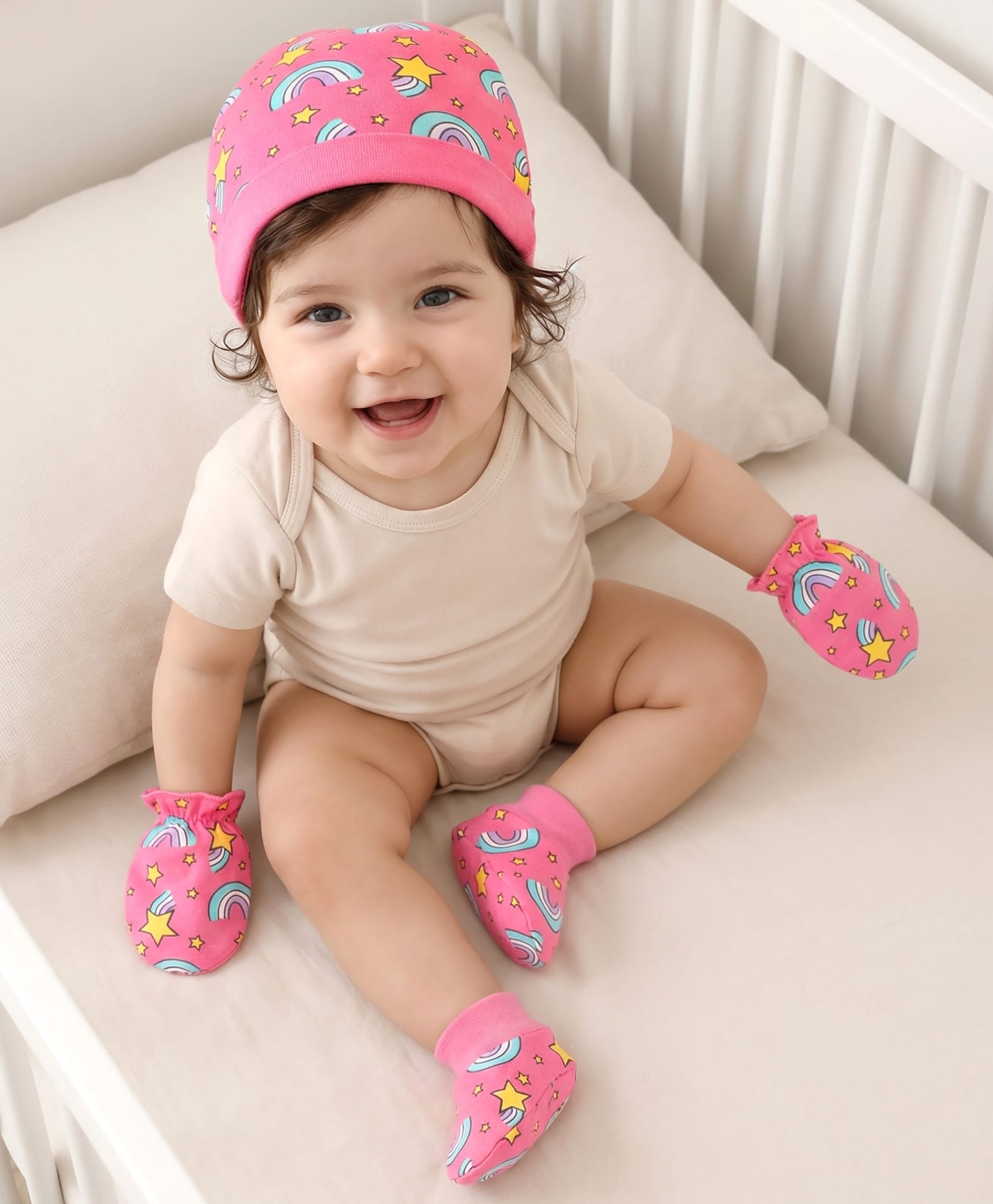Babyhug 100% Cotton Interlock Knit Cap Mittens & Booties Set With Rainbow Print Pink - Diameter 15.5 cm-image-28