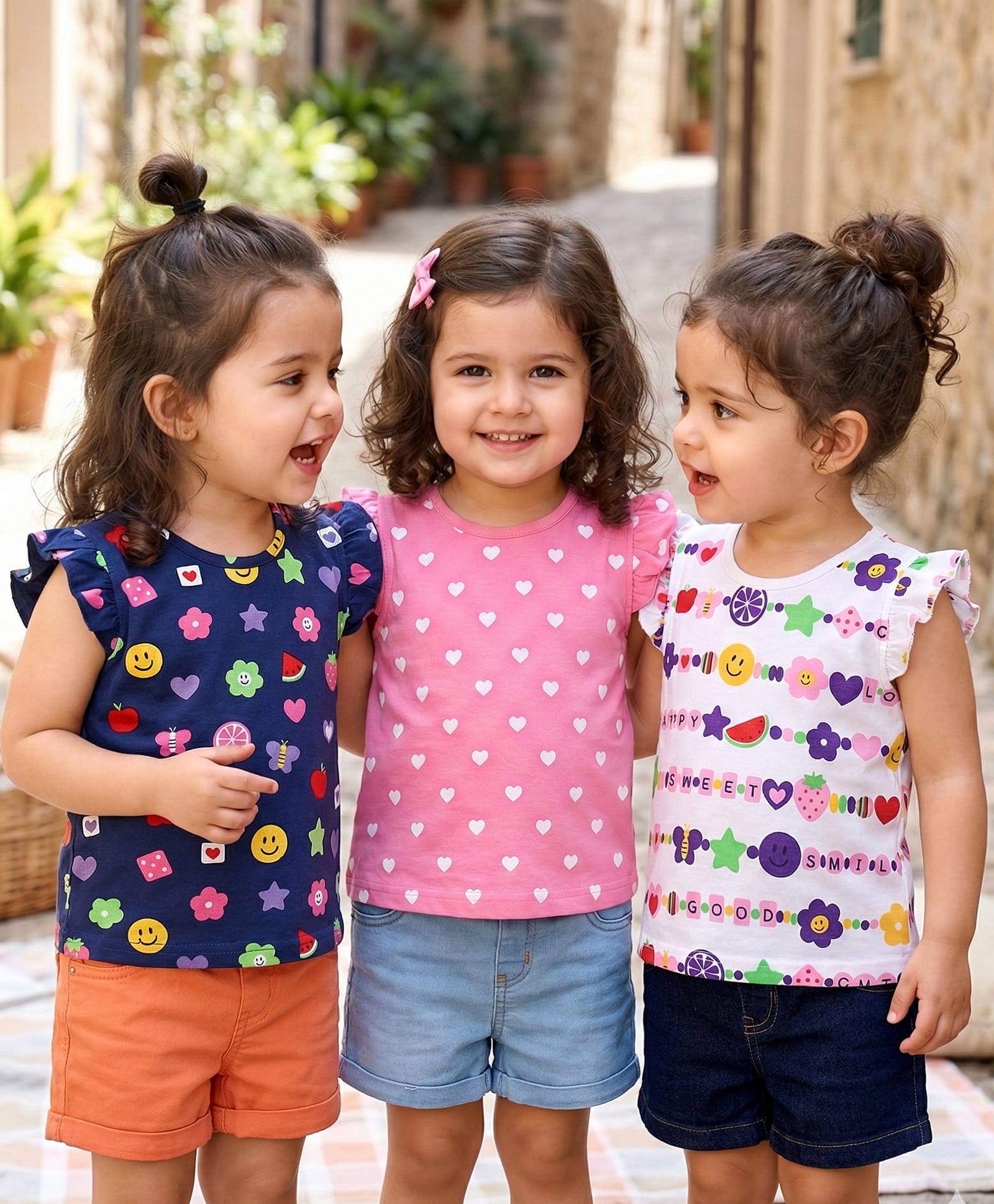 Babyhug Cotton Knit Frill Sleeves T-Shirt with Tropical Theme & Hearts Print Pack of 3 - Navy Blue Pink & White
