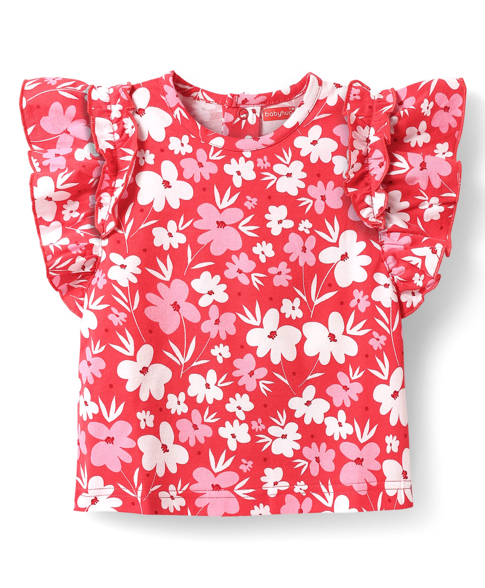 Babyhug Cotton Knit Frill Sleeves Top With Floral Print - Red-image-13