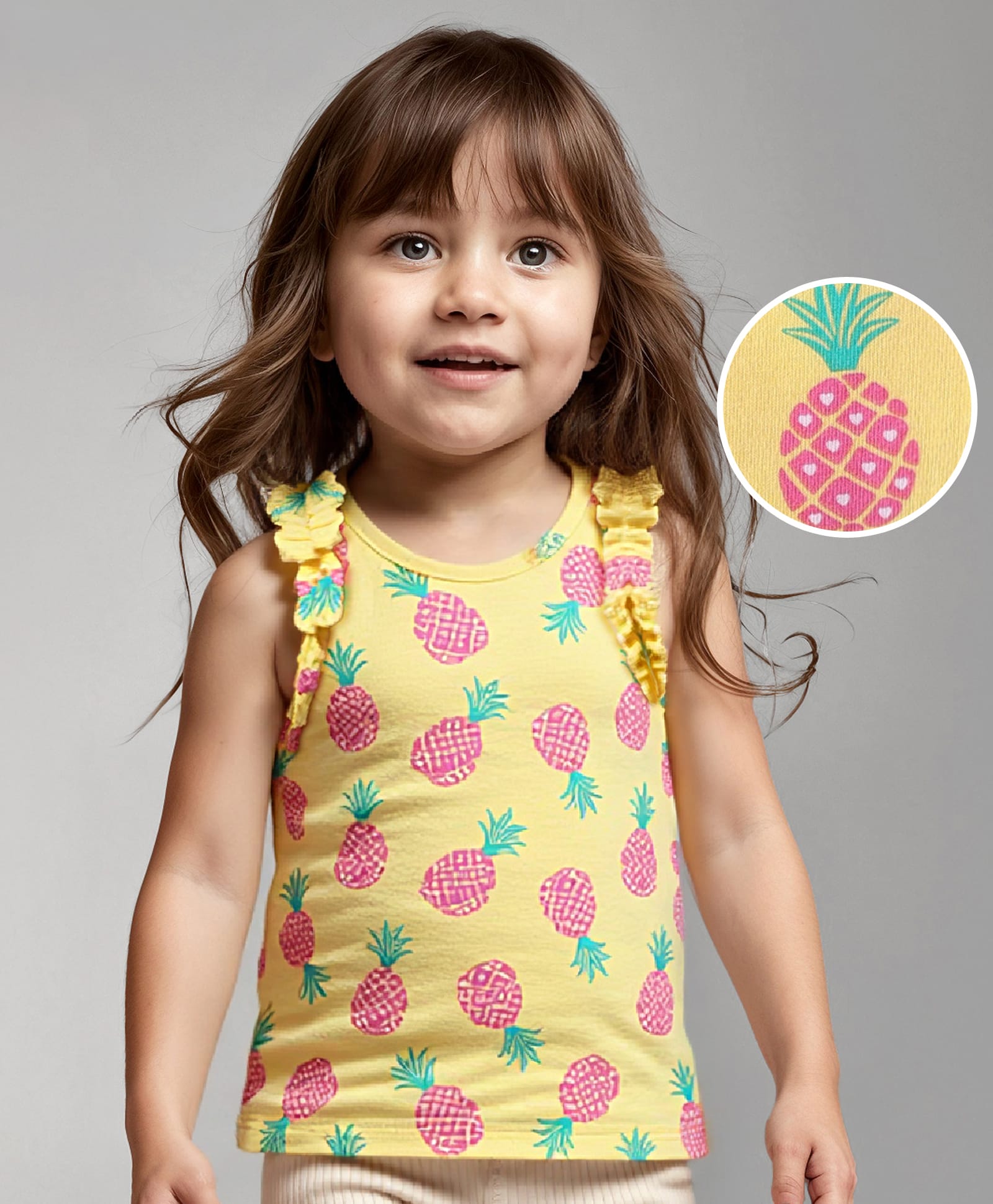 Babyhug Cotton Knit Sleeveless Top With Pineapple Print & Frill Detailing - Yellow-image-42