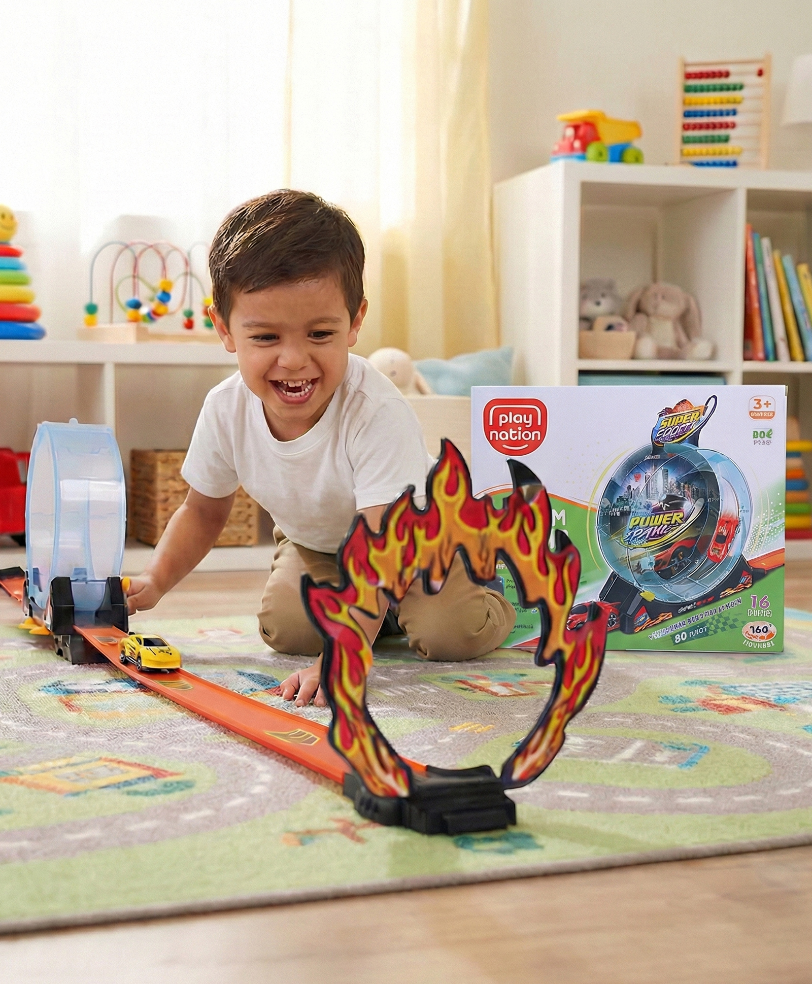 Play Nation Premium 14 PCs Racetrack Set with Pullback Car| Racing Car with Twisted, Flexible & Bendable 124 cm Long Track| 3-6 Years Kids | Gifting Toy| BIS Certified