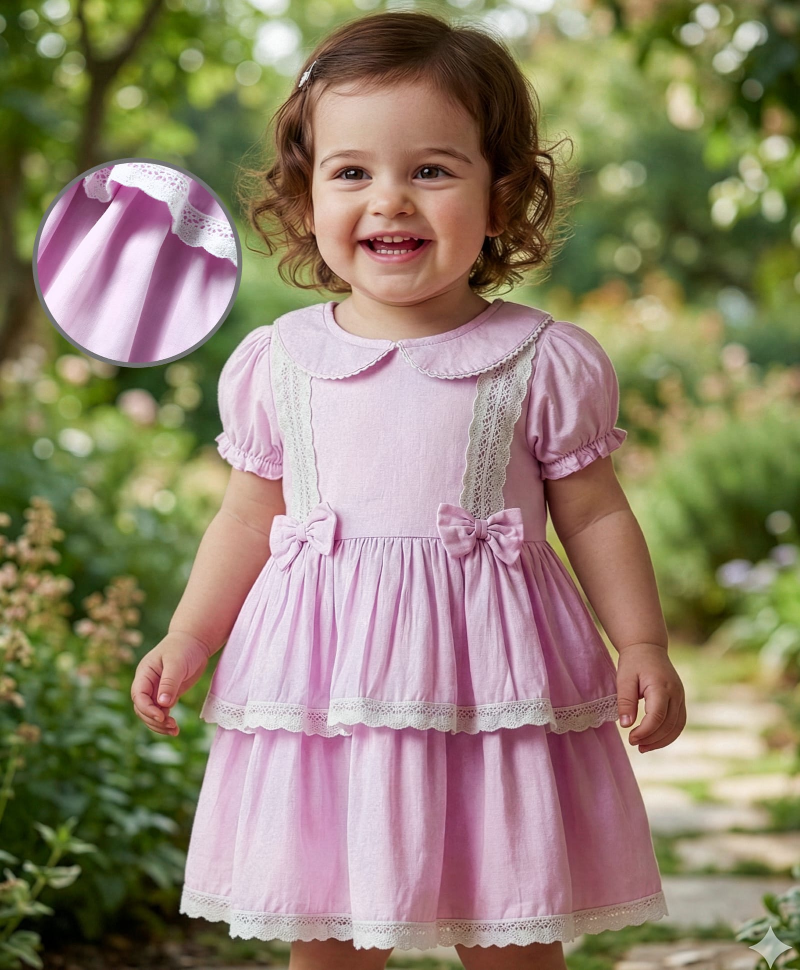 Babyoye Satin Woven Half Sleeves Party Dress With Lace Detailing & Bow Applique - Pink-picture-21