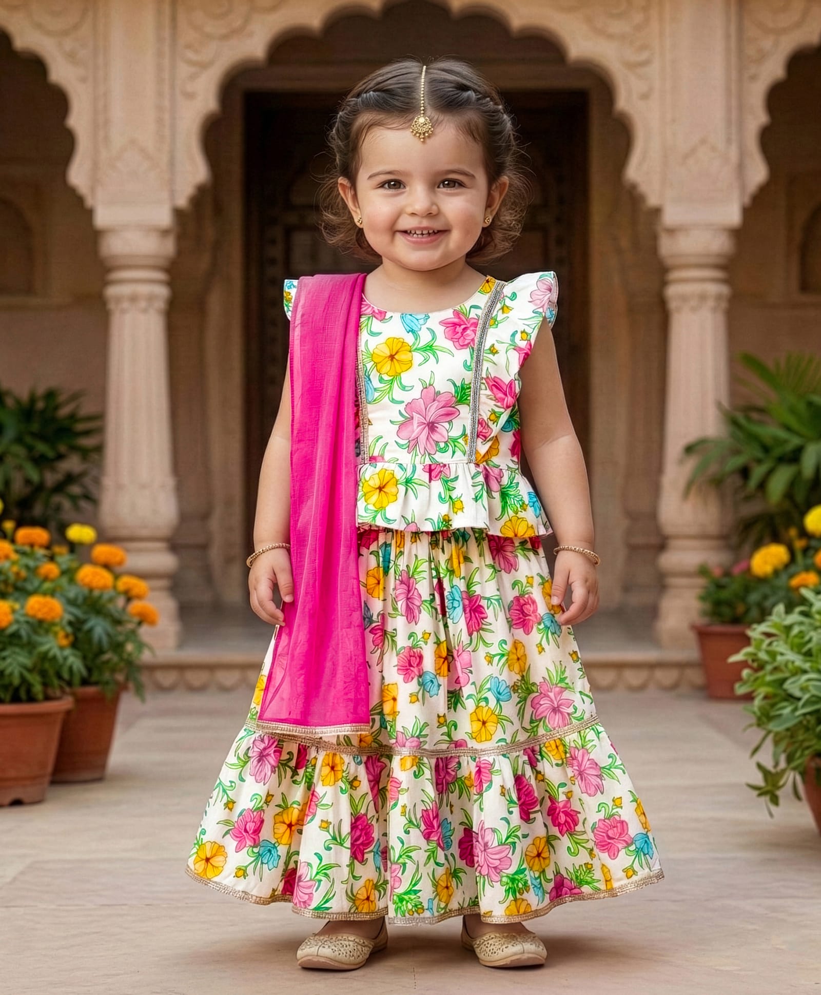 Babyoye Woven Frill Sleeves Choli Lehenga Set & Dupatta with Floral Print - Pink & White-image-45