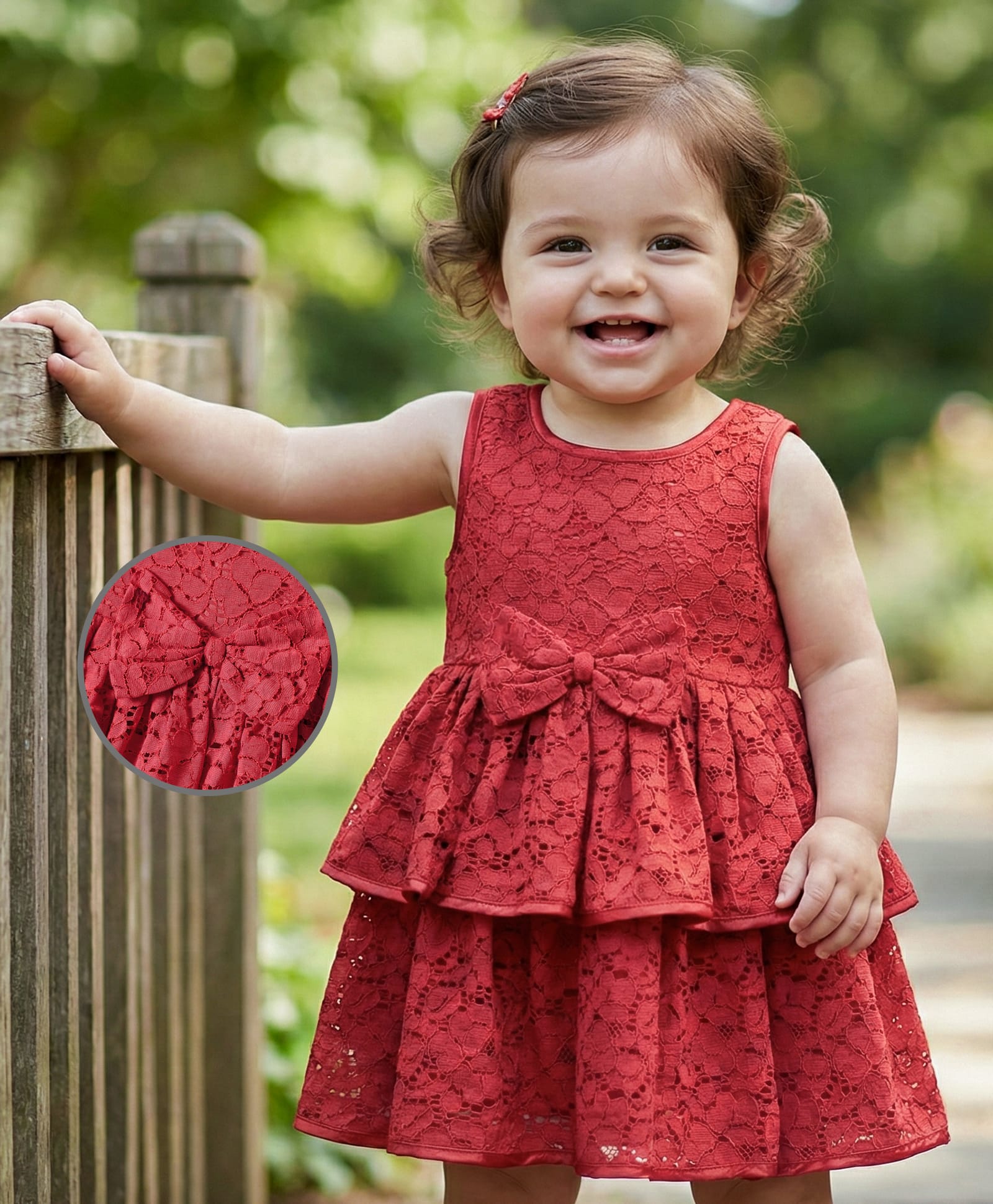 Babyoye Woven Sleeveless Solid Party Dress With Lace Detailing & Bow Applique - Red-image-34