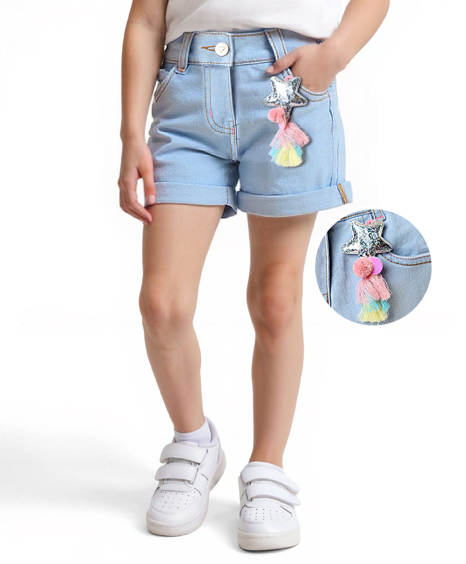 Little Kangaroos Knee Length Washed Denim Shorts with Star Applique - Light Blue-picture-36